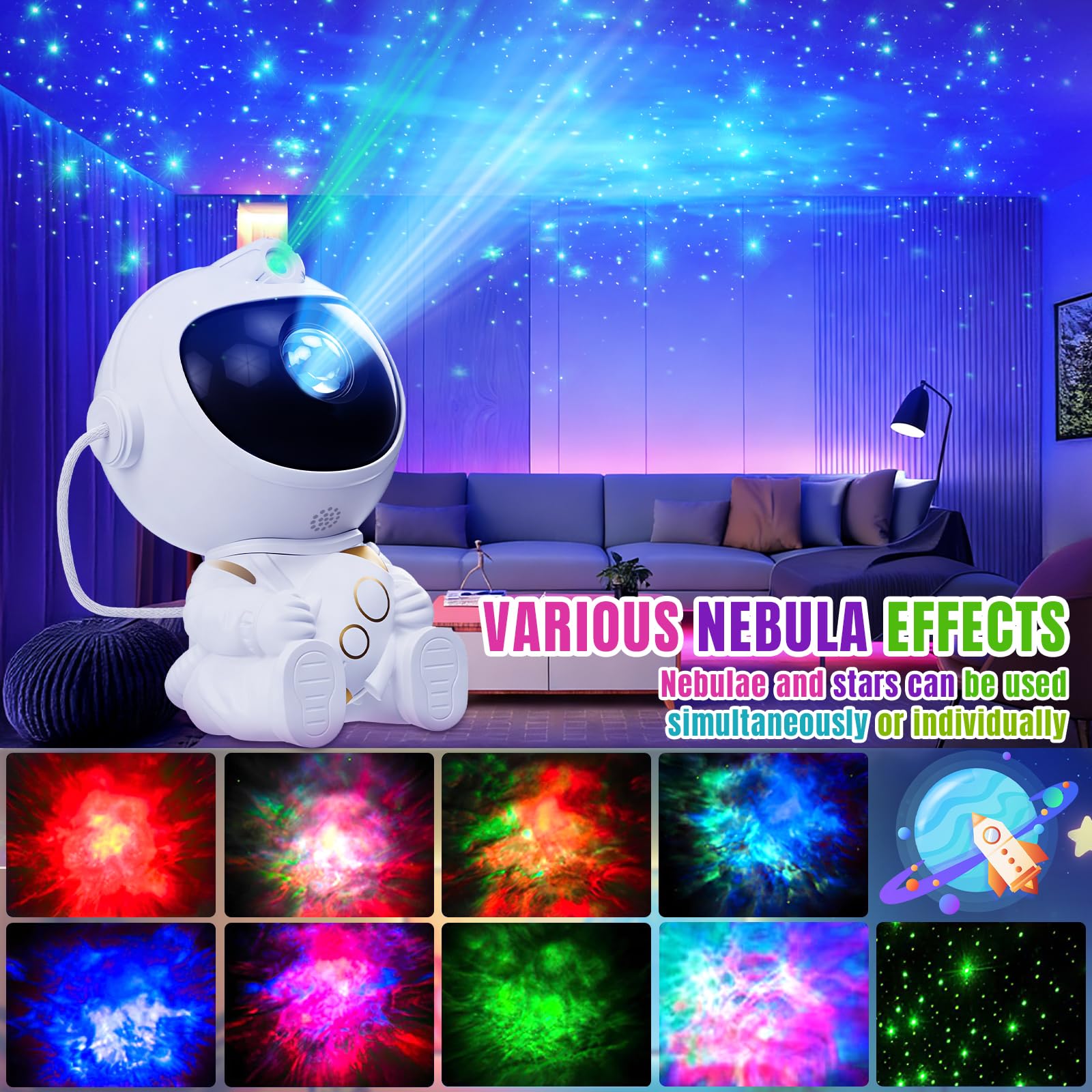 Astronaute Projecteur Ciel Étoilé, Astronaute Projecteur Galaxie avec Télécommande, LED Projecteur Ciel Etoile avec 8 Modes Nébuleuses & 1 Modes Étoiles, pour Décoration des Chambres