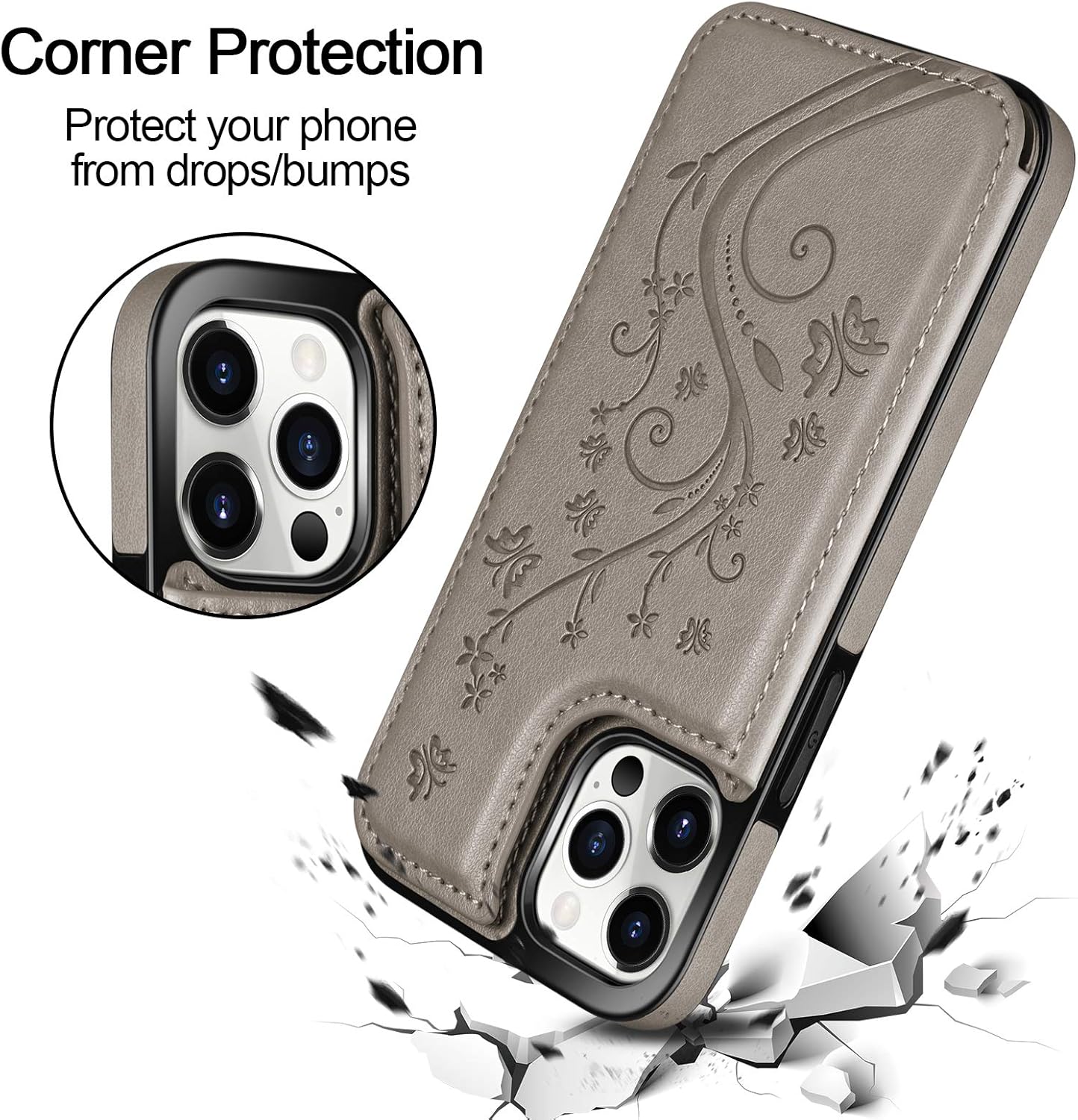 HianDier Wallet Case Compatible with iPhone 13 Pro MAX Case 5G 6.7-inch Slim Protective with Credit Card Slot Holder Flip Folio Soft PU Leather Magnetic Closure Cover, Butterfly Gray - Image 7