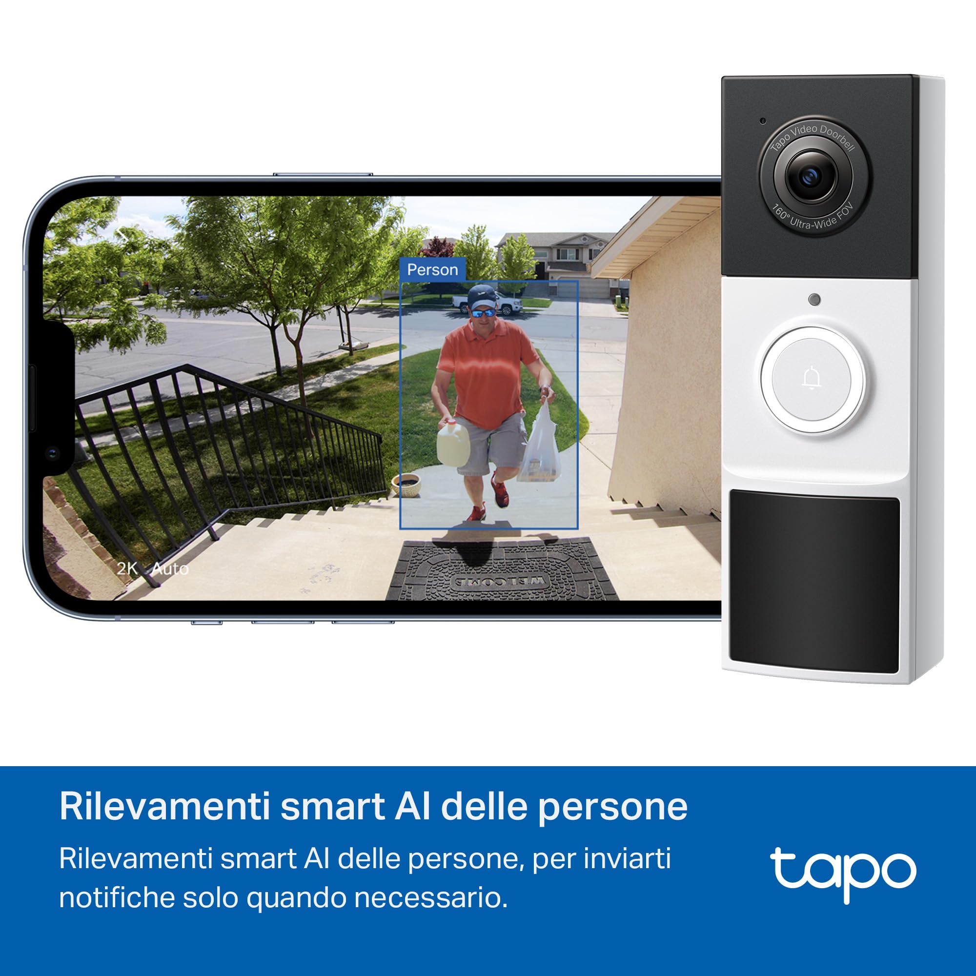 Tapo D210 Videocitofono 2K 3MP, Visione Notturna a Colori, Campo Visivo Etra-Largo, Rilevamenti Smart AI, Audio Bidirezionale, Comunicazione Diretta da APP, Batteria Dura 6 Mesi, Antifurto, IP65