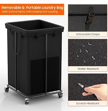 Rolling Laundry Hamper with Wheels 150L Laundry Basket with Removable Bag & Sturdy Metal Frame, Large Tall Dirty Clothes Hampers for Bedroom, Laundry Room, Apartment, Dorm Black