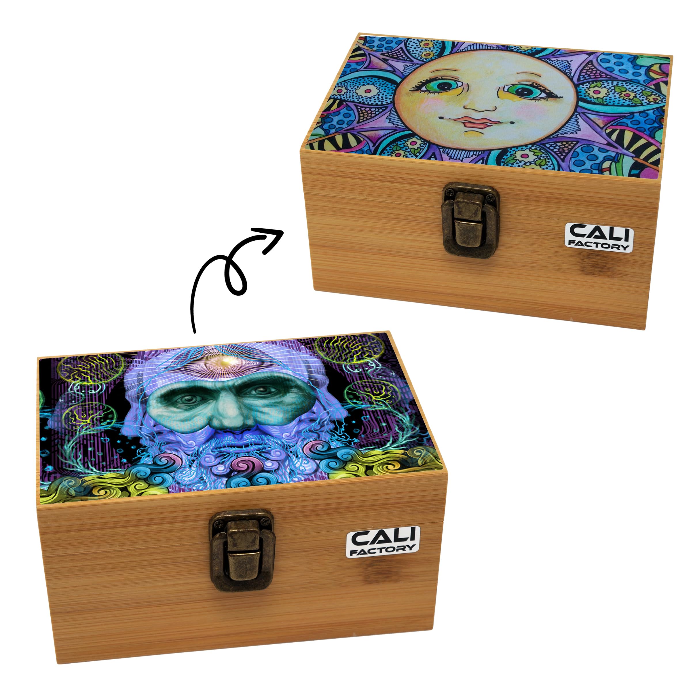 Cali Factory3D Lenticular Bamboo Box, Lenticular Flip Image On Natural Bamboo Wooden Box to Organize All Your Accessories with Hinged Lid (GOD Face)
