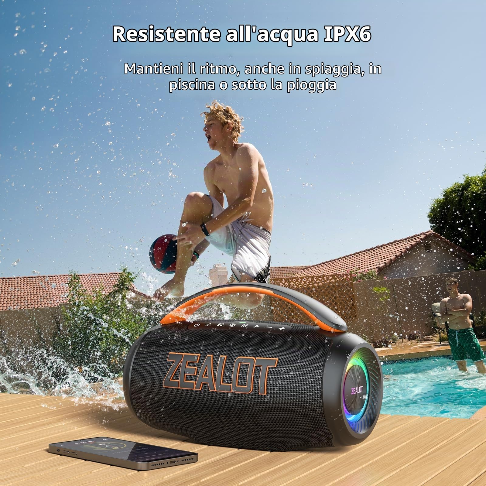 ZEALOT Altoparlante Bluetooth con Luce LED,Suono Stereo,Bluetooth 5.3,Impermeabile IPX6,funzione USB/Micro SD Card/AUX,nero