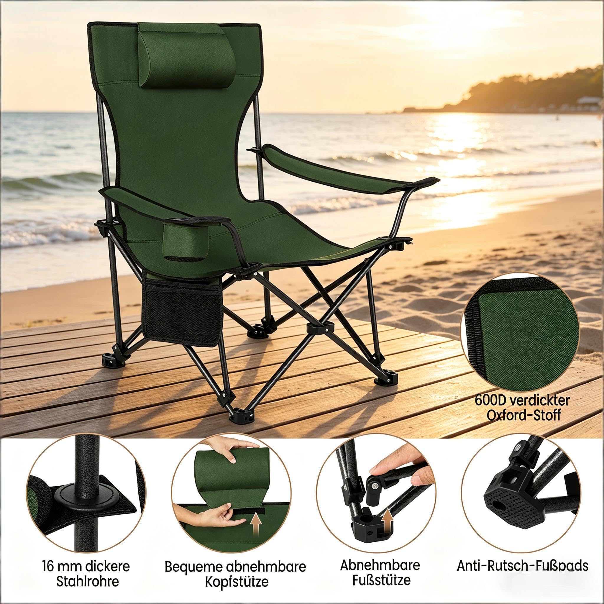 vutizal Ergonomiczne krzesło składane z wysuwanym podnóżkiem, przenośne krzesło kempingowe do wędkowania i relaksu, wygodny leżak na plażę, do ogrodu i na balkon, stabilne do 150 kg