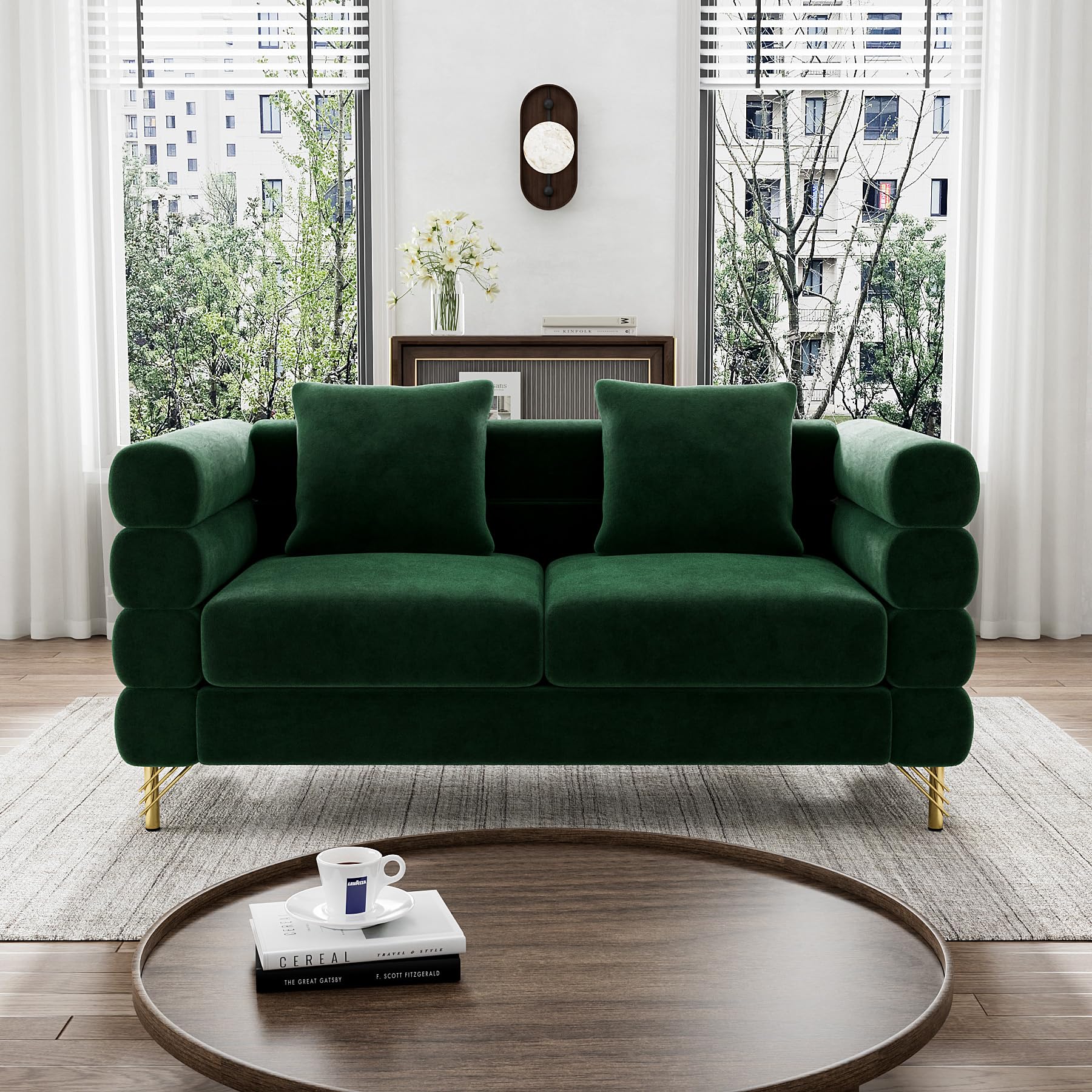 Cloud Couch for Living Room, 59" Modern Overstuffed Deep Seat Velvet Loveseat Sofa with 2 Pillows, Comfy Upholstered 2 Seater Love Seat for Bedroom Office, Emerald Green Velvet