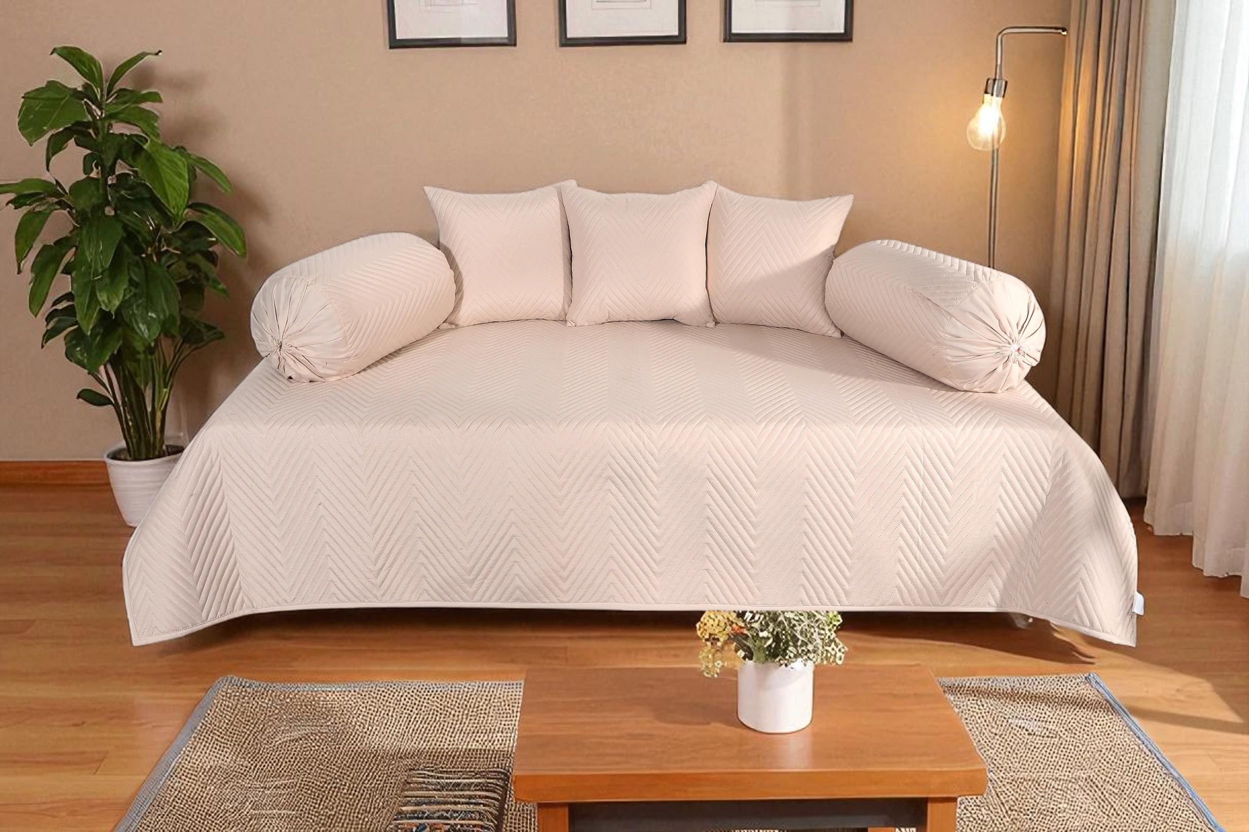 RD TREND® Ultrasonic Quilted 300TC | Glace Cotton Diwan Set Pillows 3 with Bolster 2, Bedsheet (152x228 cm), 2 Bolster Covers (40x78 cm), 3 Cushion Covers (40x40 cm). (Beige)-image-34