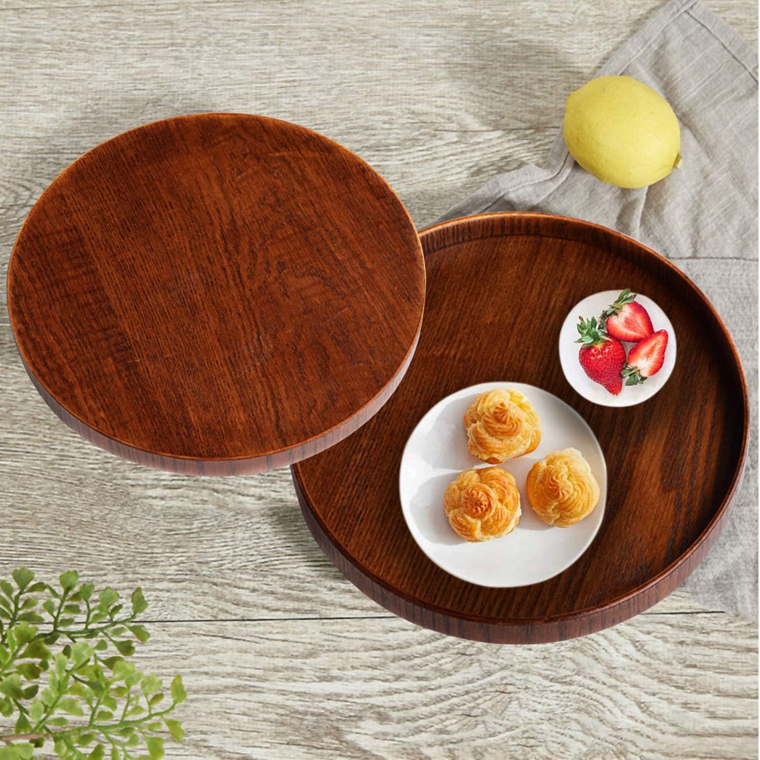 Solid Wood Serving Tray, Decorative Serving Trays Platter Round Non-Slip Tea Coffee Snack Plate Food Meals Serving Tray with Raised Edges for Home Kitchen Restaurant (11.8inch, Brown) - Image 3