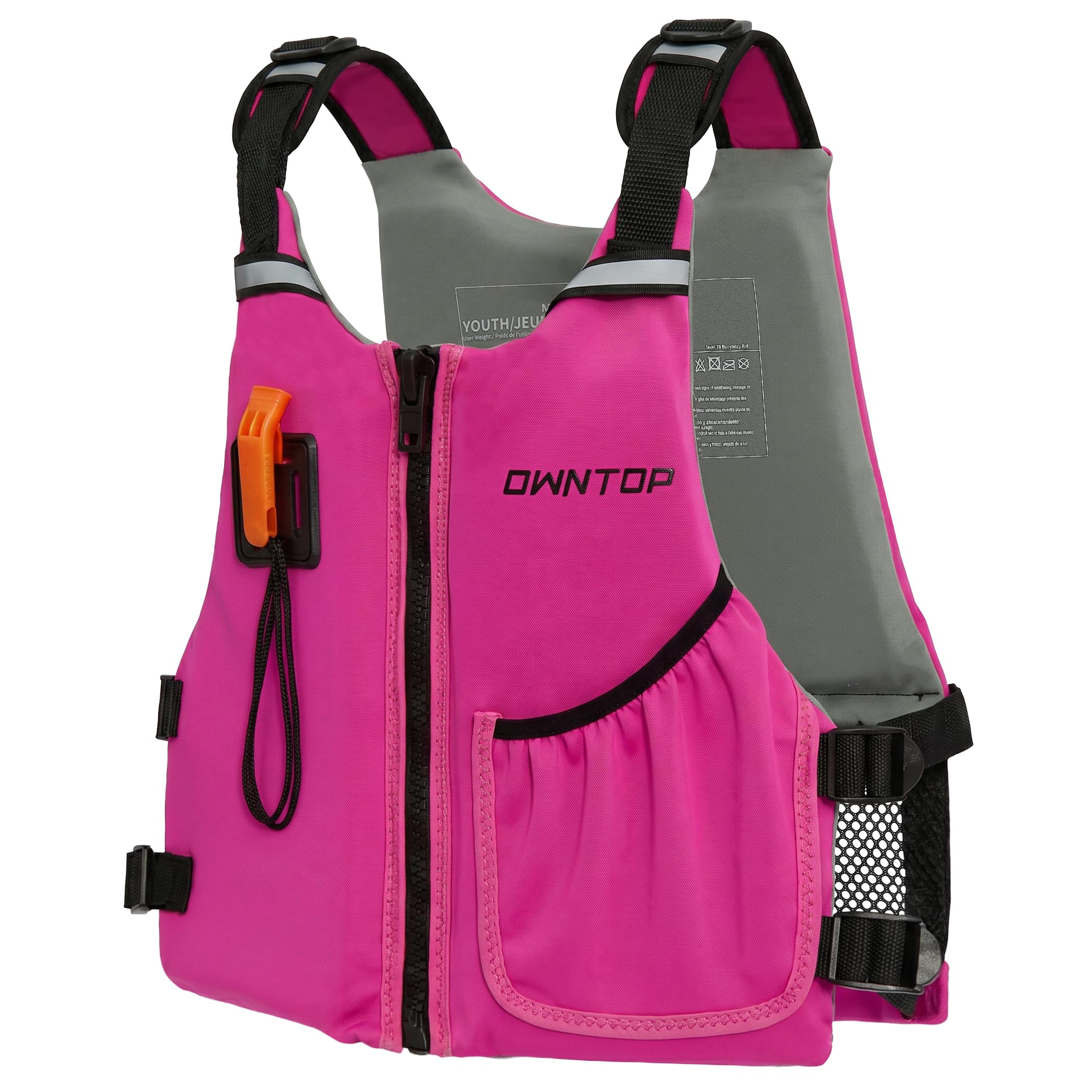 Owntop Junior Swim Vest for Kids 30-50kg, Buoyancy Aid with Whistle, Breathable Mesh Back & Pocket, Adjustable Neoprene Float Jacket for Kayaking, & Swimming, Boys & Girls 6-13 Years（Pink，L）