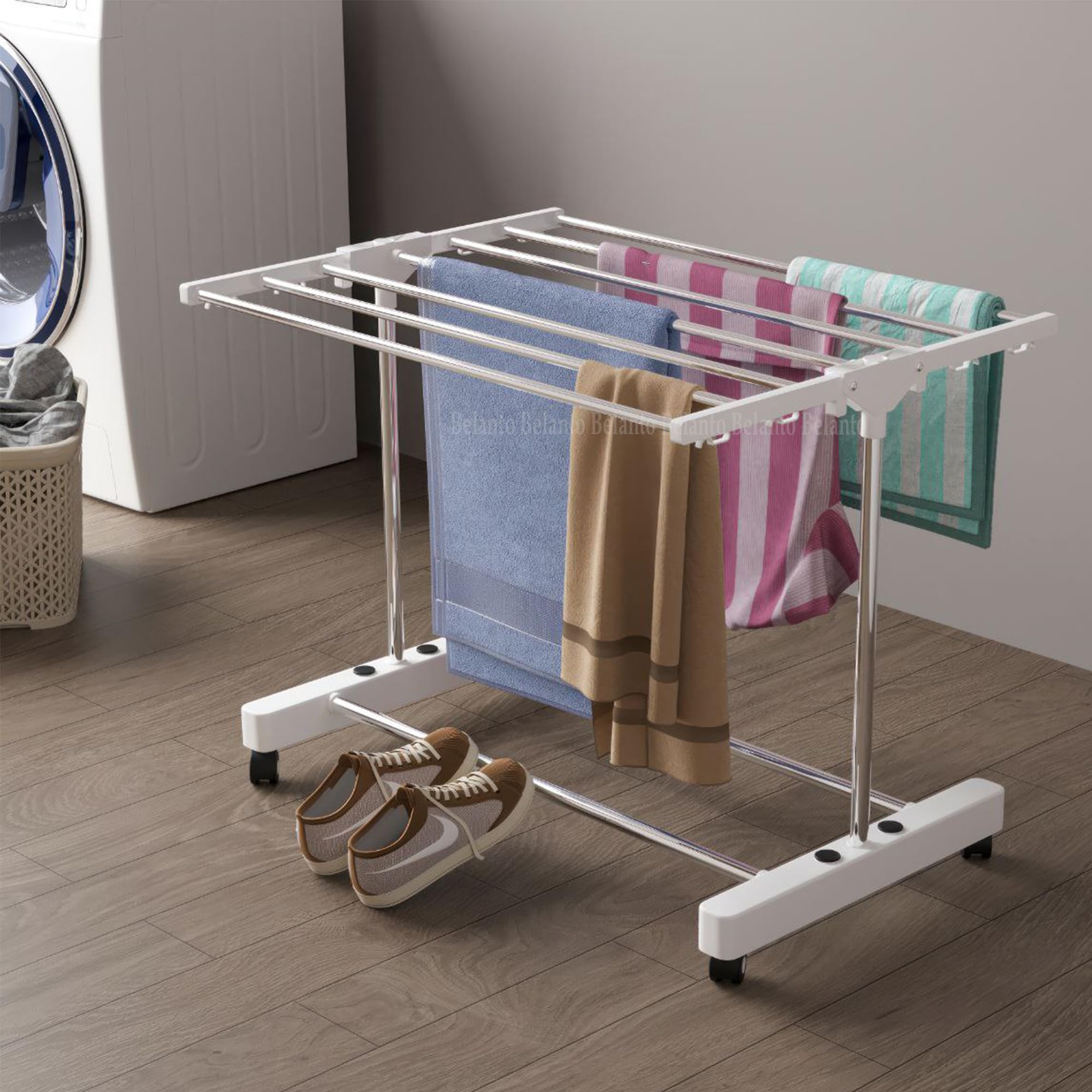Belanto Portable Double Pole Telescopic Cloth Drying Rack | Clothes Stand Foldable and Movable Cloth Dryer Stand | Stainless Steel Laundry Drying Stand with Wheels Indoor and Outdoor Use
