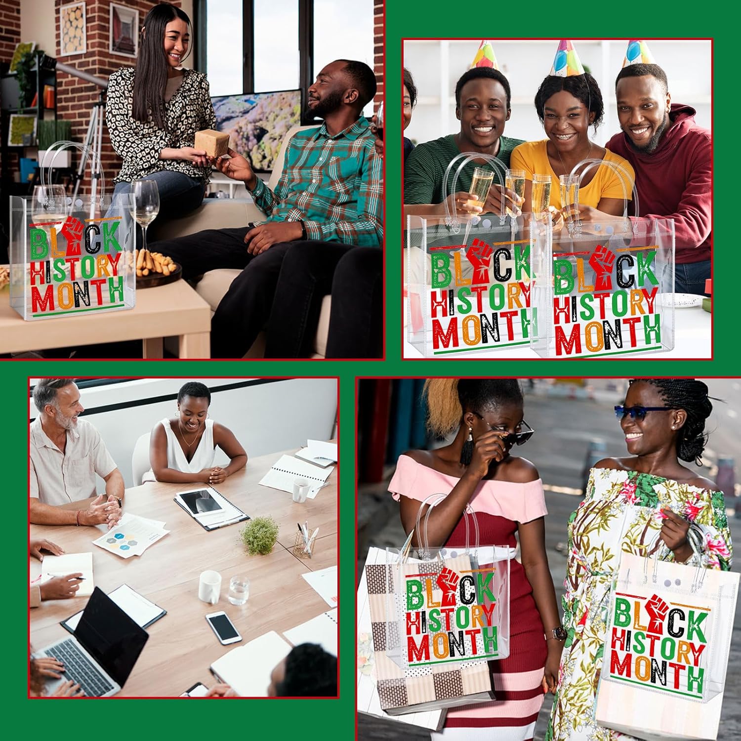 Sweetude 24 Pcs Black History Month Gift Bags Bulk Red Black Green Clear PVC Goodie Bags with Handles 7.87 x 3.1 x 7.87 Inch Reusable African PVC Gift Wrap Sack for Party Decoration Supplies - Image 6