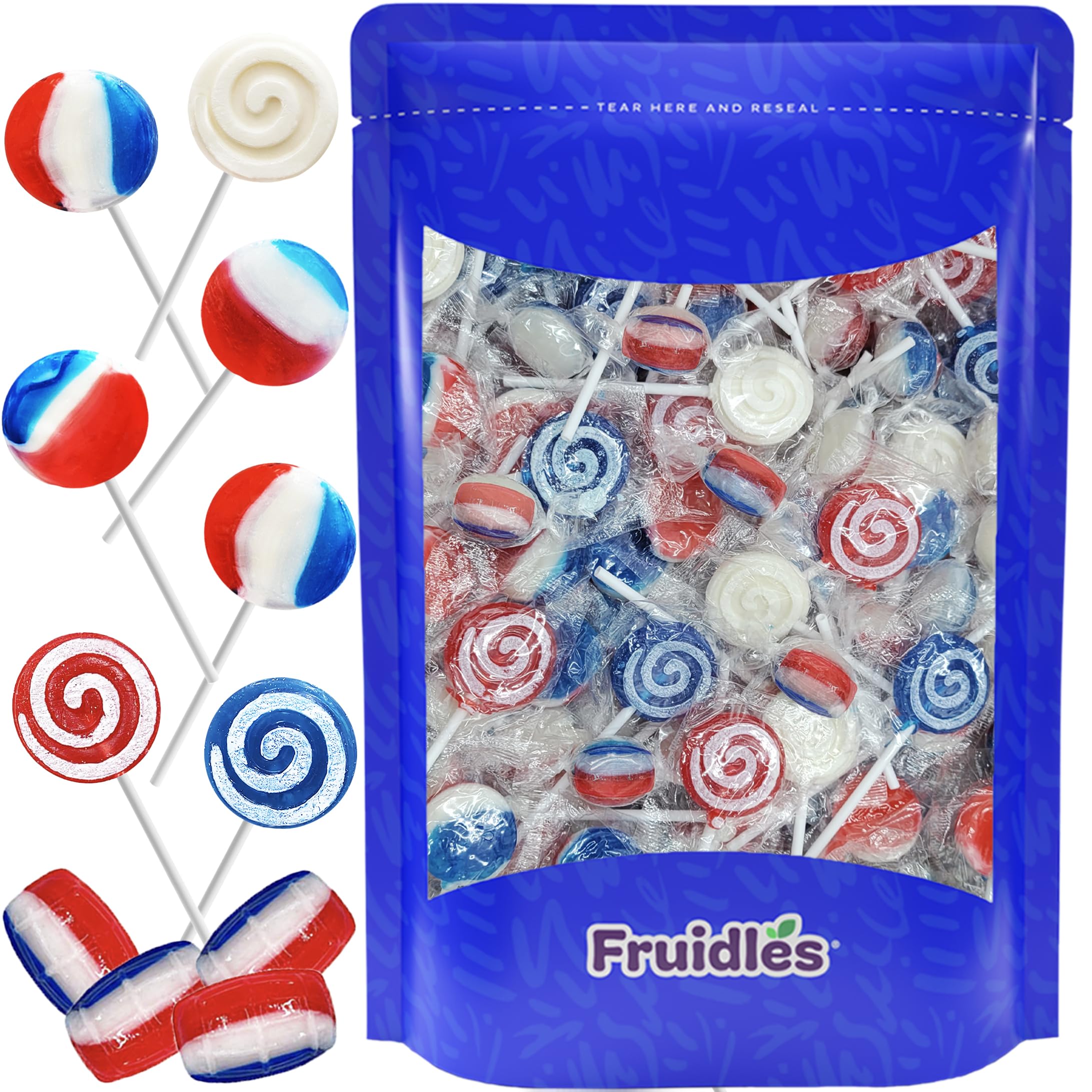 Fruidles Assorted USA Patriotic Lollipops & Barrels Mix, Red, White, and Blue Mixed Fruit Flavor, Made in Brazil, Individually Wrapped, 8g (Half-Pound