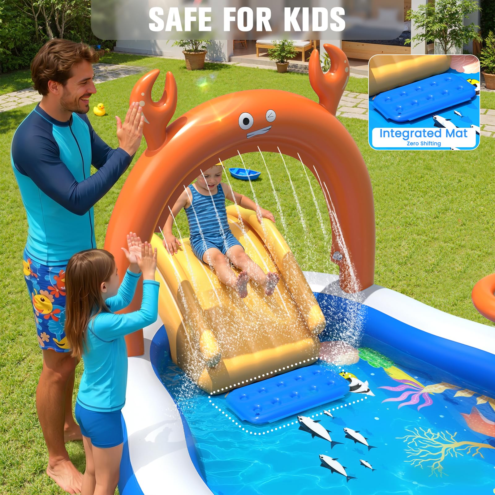 KingSom Aire de Jeu Aquatique Gonflable, Piscine Gonflable Enfant avec Toboggan, Arroseur, Pataugeoire Gonflable Épaiss Jet d'eau, Jeux Exterieur Piscine Gonflable Familiale pour Jardin,305x178x127 cm