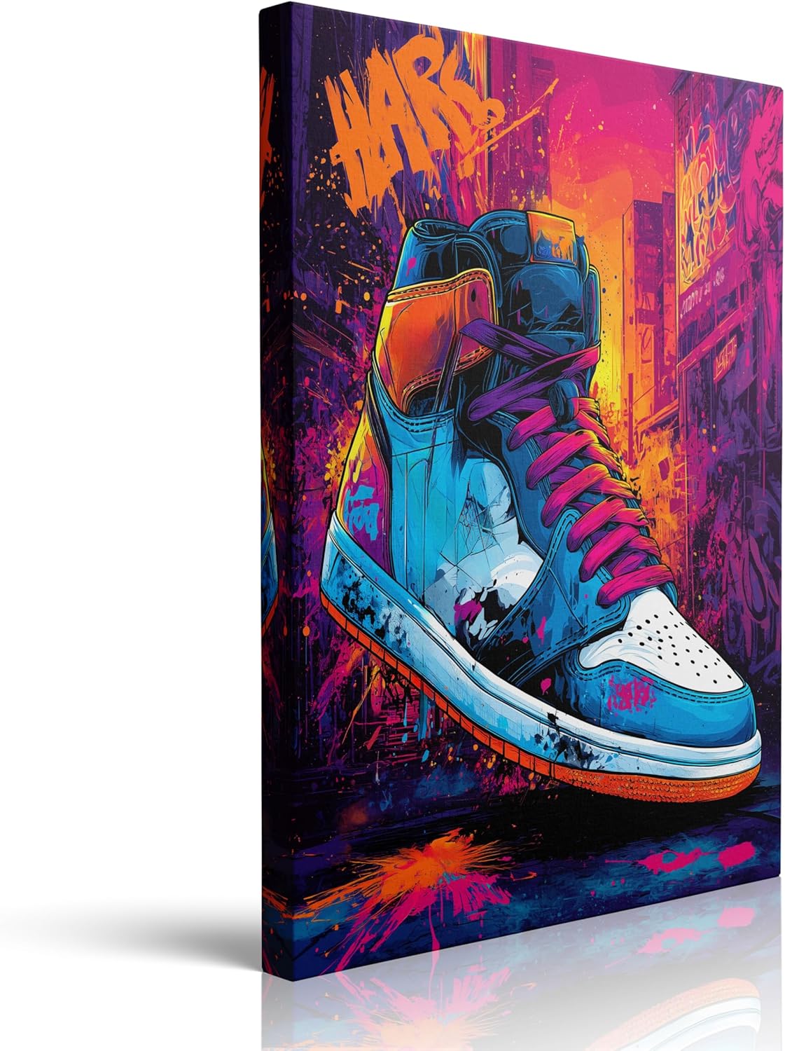 Banksy Graffiti Canvas Wall Art, Perfect For Decorating a Teenage Boy's Room; Urban Art Sneaker Canvas Wall Decoration, Cool Sports Poster, Stylish Neon Sneaker Bedroom Decor. Ready to hang (16''x24'')