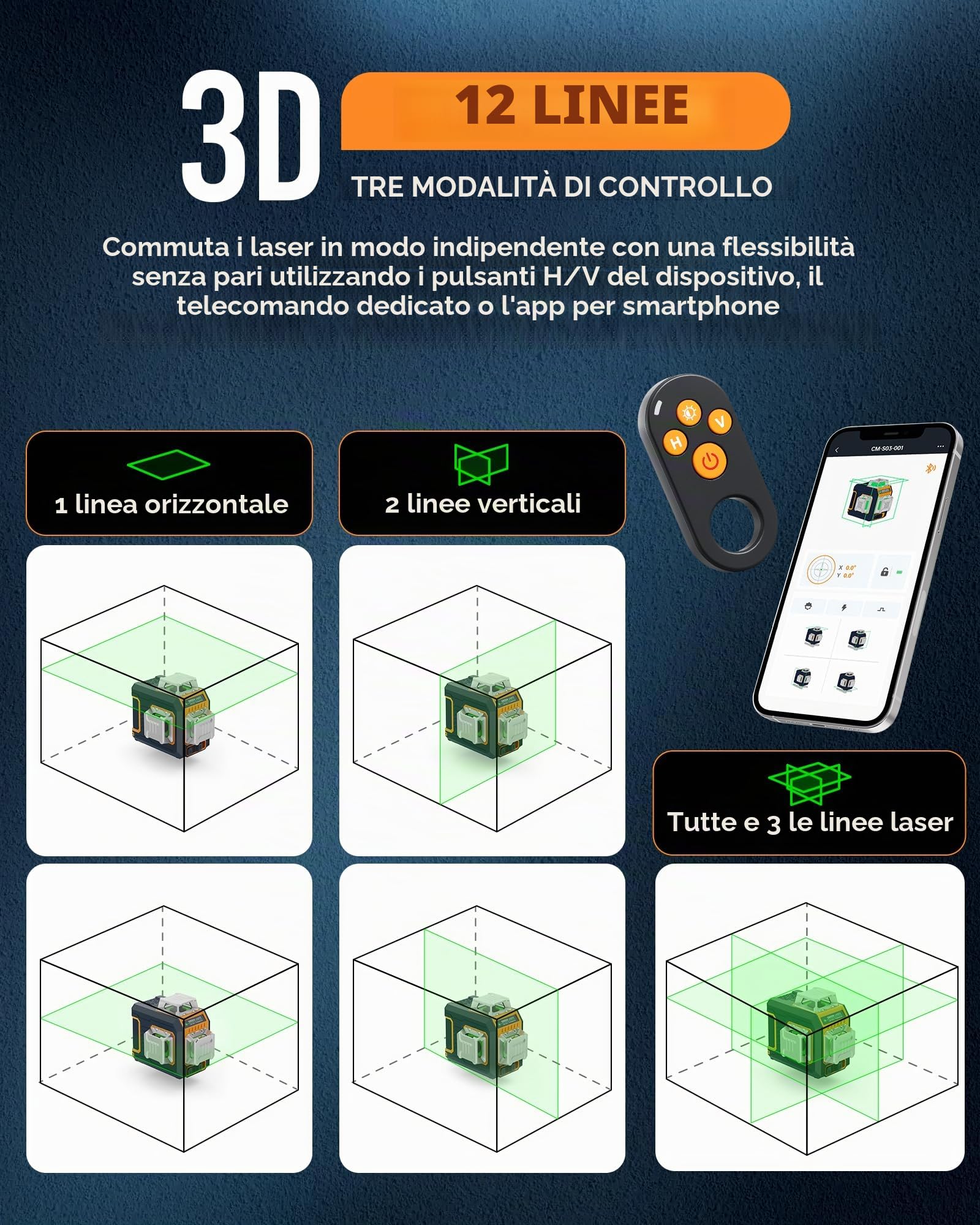 CIGMAN Livella Laser 3D Autolivellante App Controllo Intelligente a Gesti | con Display LCD, Laser a Linee Verde per Interni e Lavori Edili, Gamma: 30M (CM-S05)