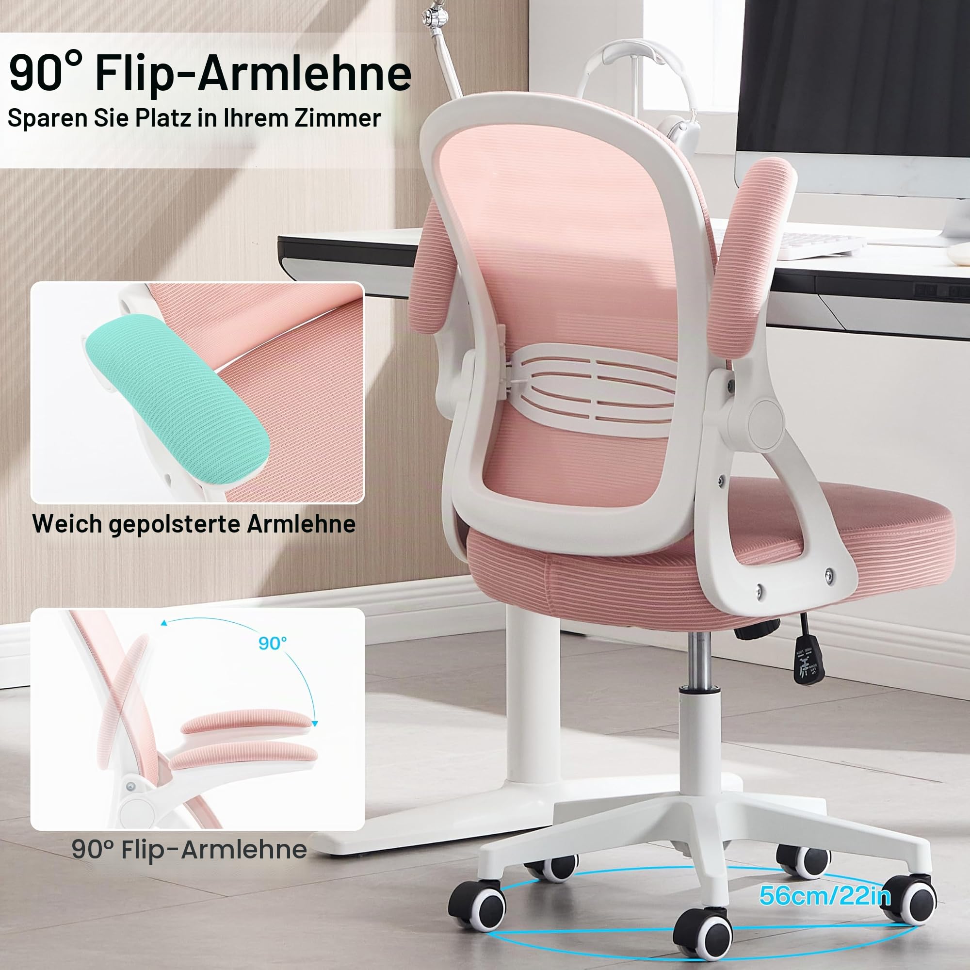 Fizzin Ergonomischer Bürostuhl Rosa Schreibtischstuhl, 150 kg | Mesh Drehstuhl mit gepolsterten klappbaren Armlehnen, verstellbare Lendenwirbelstütze für Büro, Homeoffice und Gaming