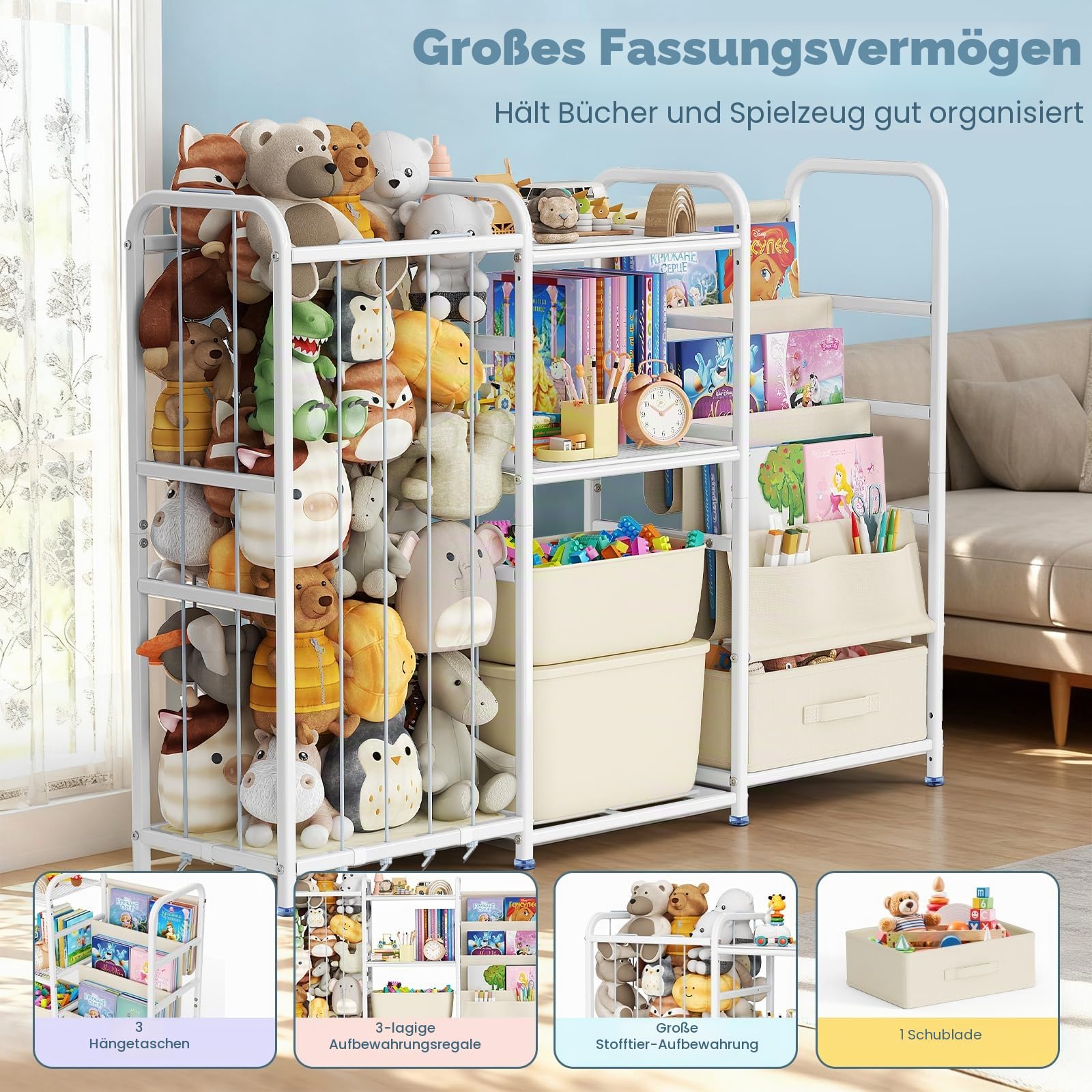 3-in-1-Kinder Bücherregal Kinderzimmer, Spielzeugregal Kinderzimmer mit Spielzeugkiste Kinderbücherregal und Spielzeugorganizer 3 Hängetaschen Schublade für Kindergarten, Spielzimmer (Weiß)
