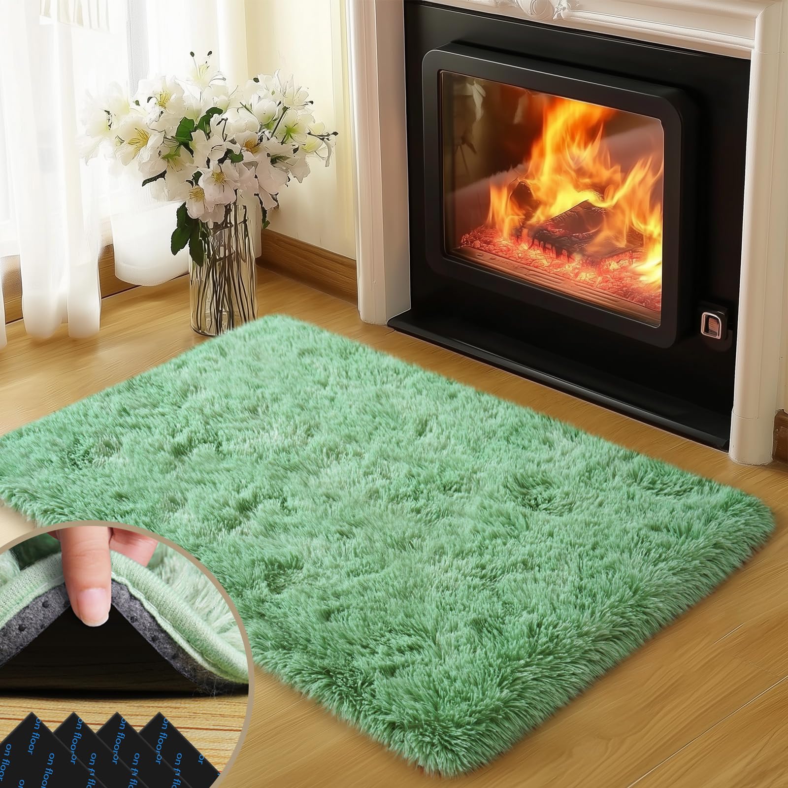 Mugorn Green Rugs for Bedroom, 2x3 Feet Fluffy Area Rugs for Living Room, Soft Shag Kids Rug Small Carpet with 4 Non-Slip Rug Pads (2ft x 3ft, Green)