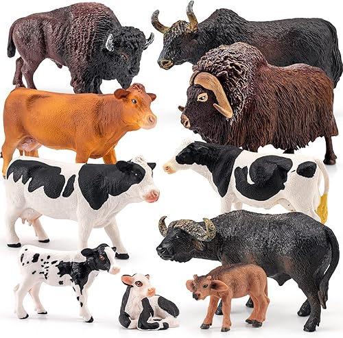 10 figuras realistas de animales de granja de vida silvestre, modelo vaca, buey, búfalo, almizcle, buey, suministros de fiesta, decoración de