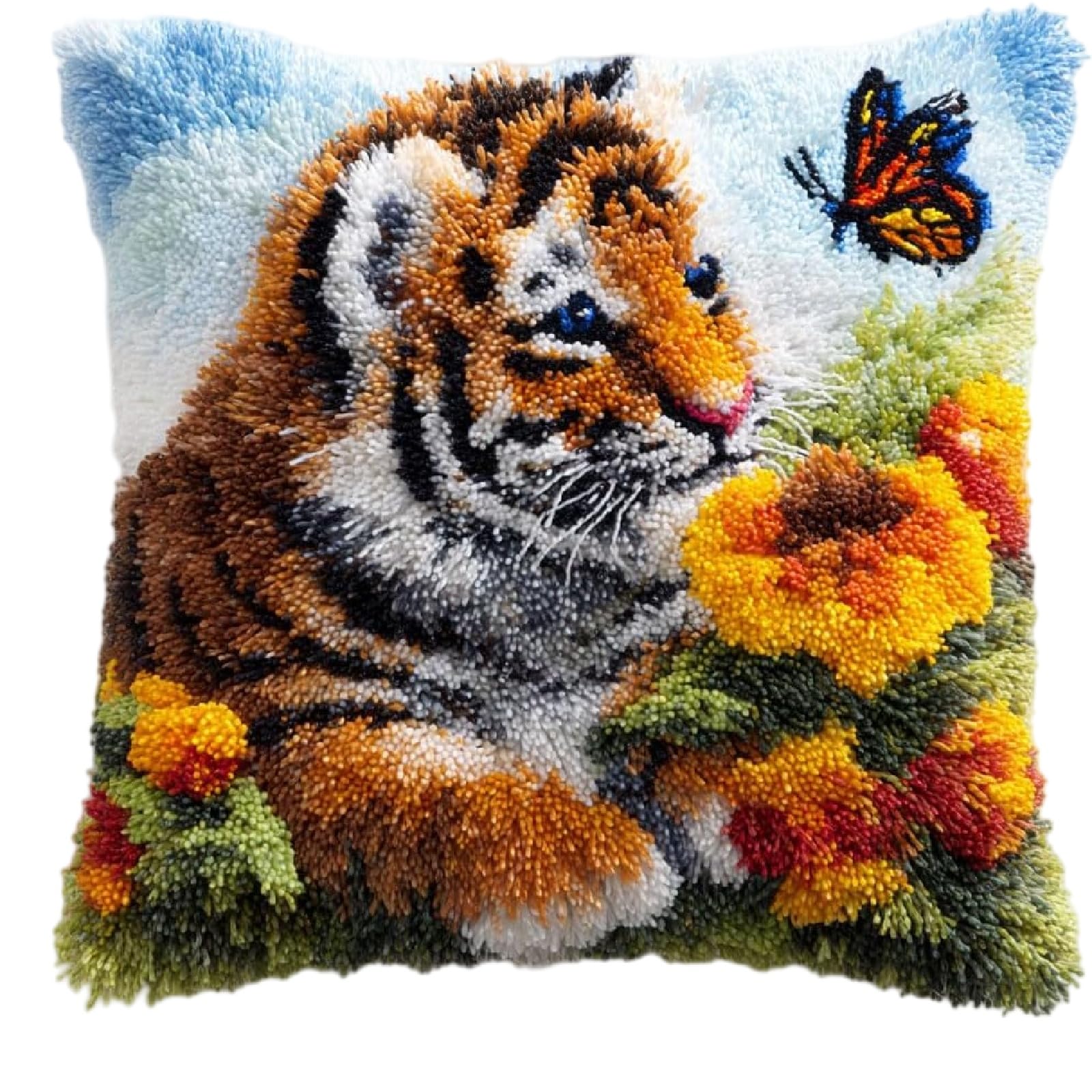ZUHK Cartoon Animal Latch Hook Kit 17x17 Inch - Pre-Printed Canvas fit for Beginners, DIY Sofa Cushion Cover Craft (Tiger)