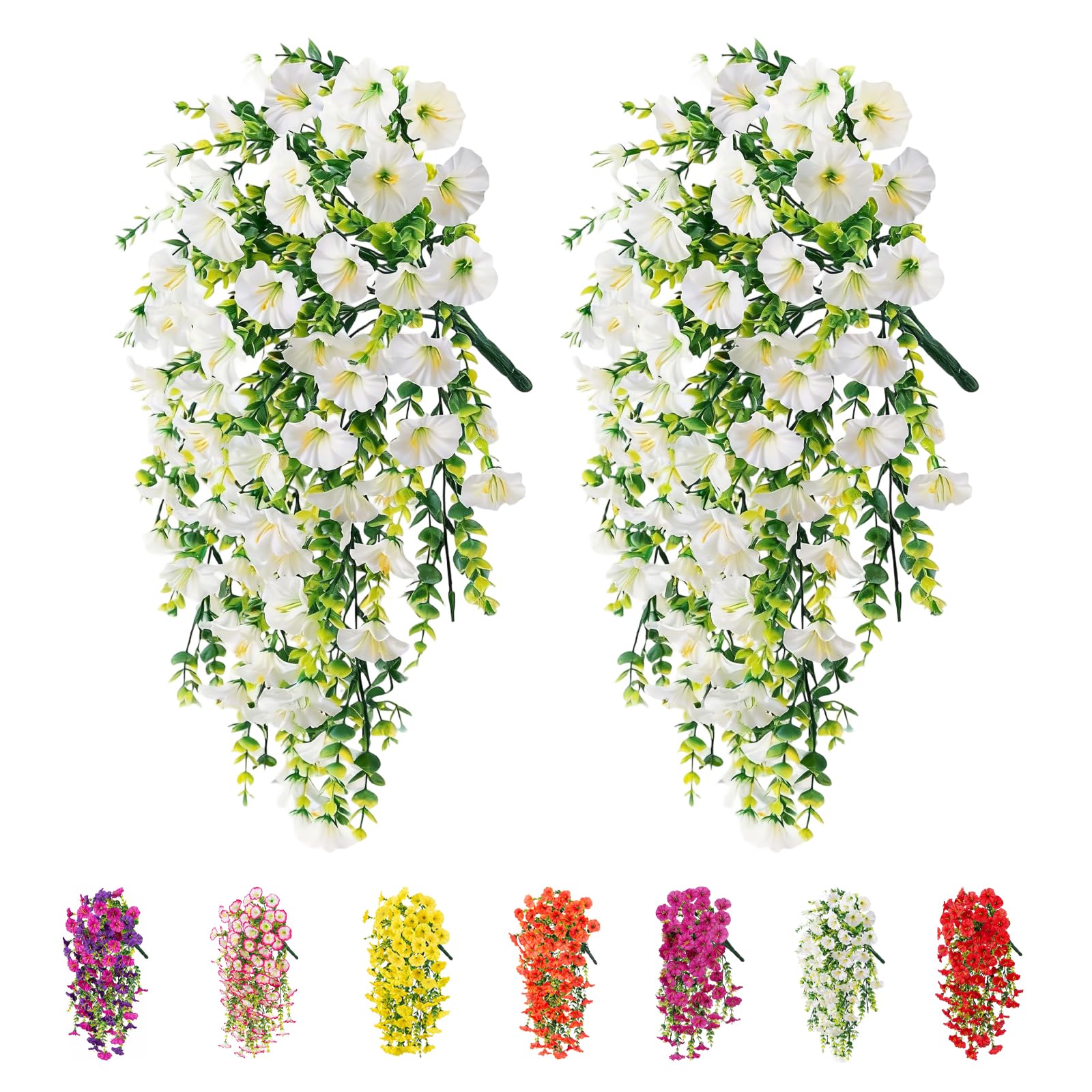 2Pcs Artificial Hanging Flowers Outdoor, Fake Trailing Plants Morning Glory Decoration UV-Resistant for Hanging Baskets - Spring Decor Garden Porch Wedding , Drooping Design for Pots & Patio (White) โ image 1