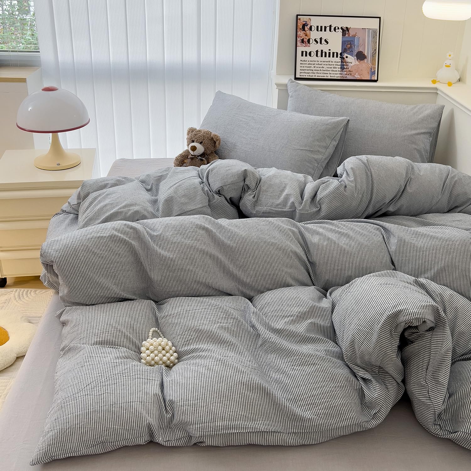 mixinni Grey Striped Duvet Cover Queen Size - 100% Washed Cotton Pinstripe Comforter Cover with Zipper Closure, Lightweight &amp; Breathable, 3 Pieces Minimalist Stripes Pattern Printed Bedding Set