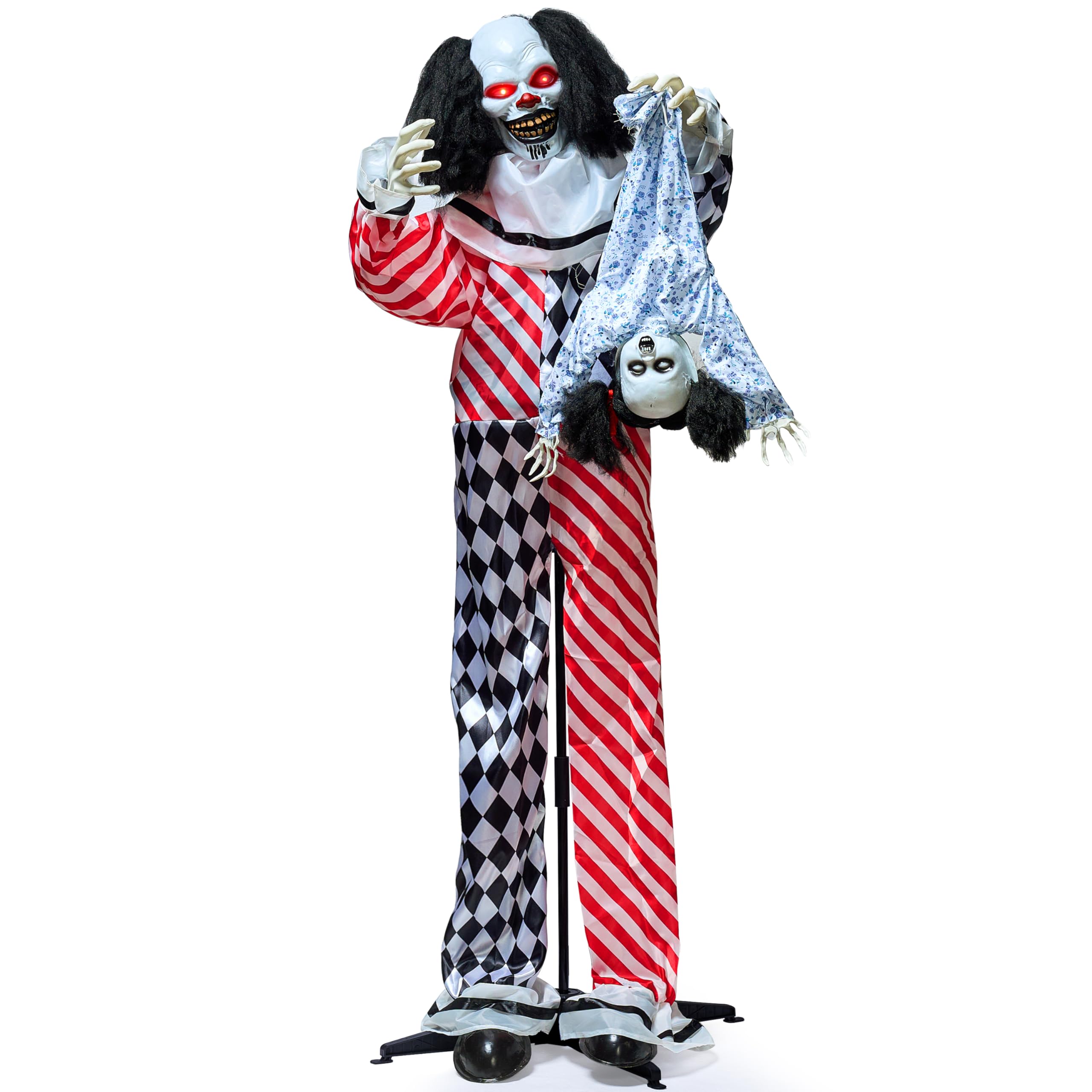 JOYIN Halloween-Clown mit Puppe, Animatronik-Dekoration, lebensgroßer gruseliger Clown mit Bewegung, Licht und Ton (Ton/Bewegungssensor),163cm große animierte Dekoration für Spukhäuser im Freien