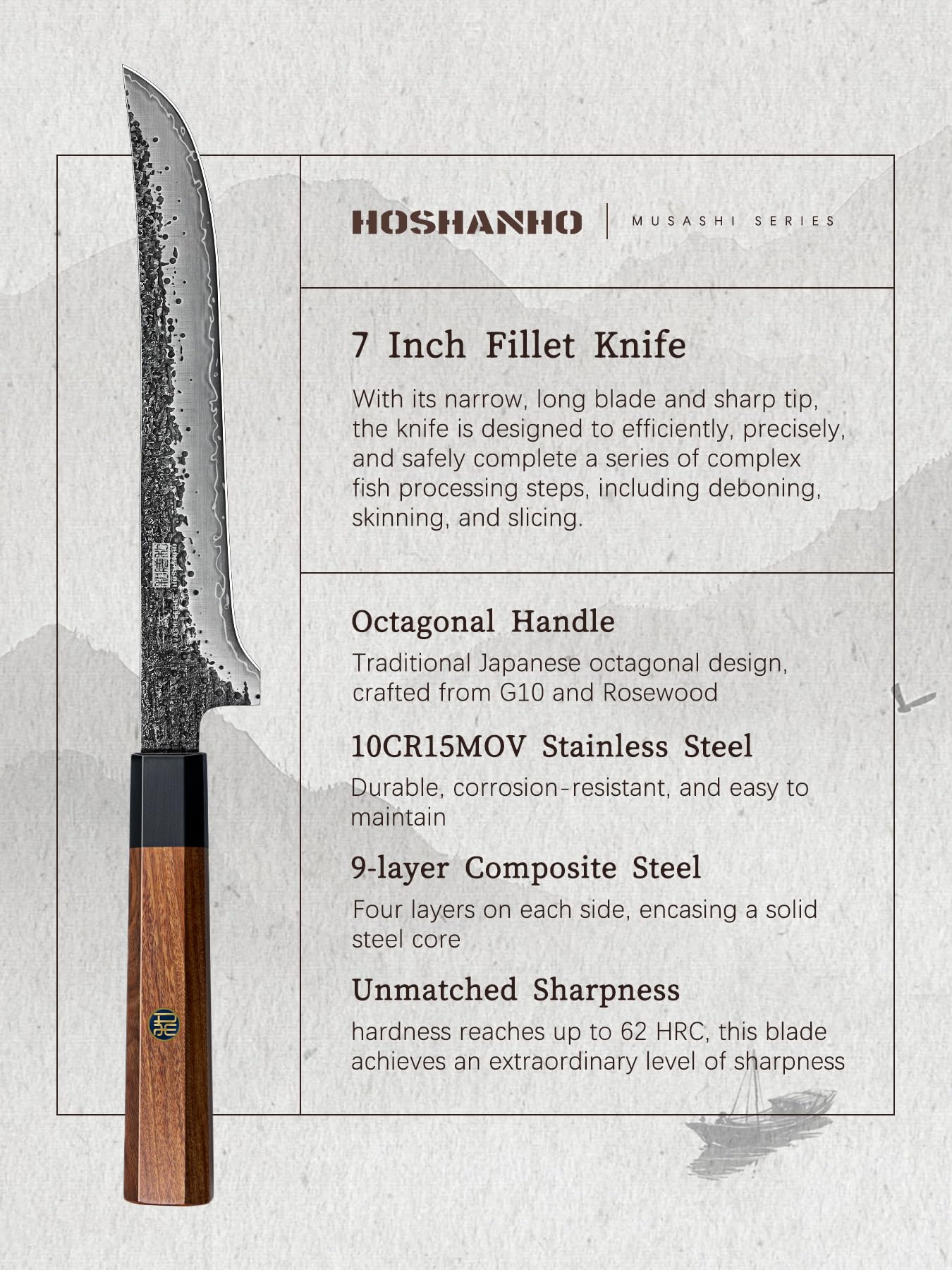 HOSHANHO Cuchillo para Filete de 18 cm, Acero al Carbono, Deshuesar Japonés Superafilado, Forjado a Mano