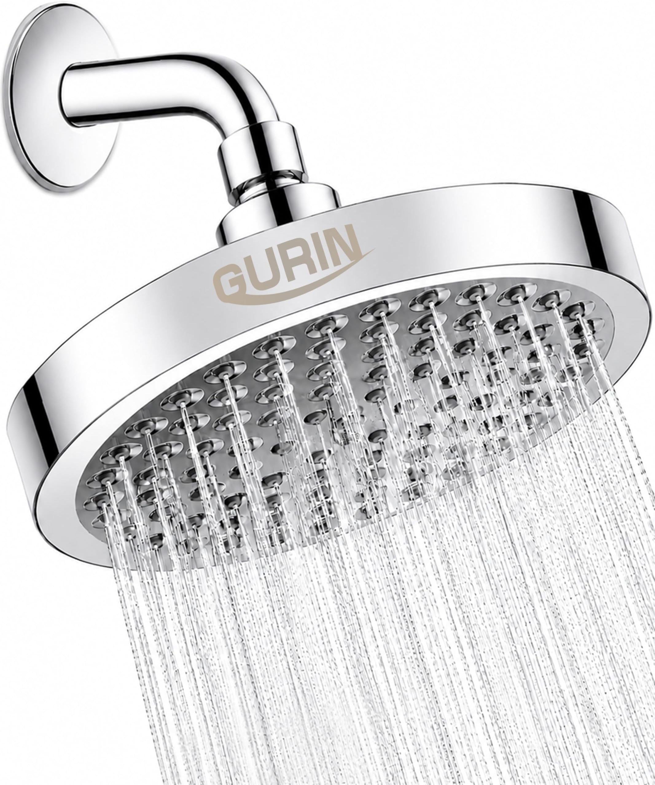 GURIN Shower Head - Powerful High Pressure Rain Shower Head 6 Inch - Luxury Rainfall Showerhead with Adjustable Angles, 90 Anti-Clog Nozzles, Tool-Free 1-Min Install, Premium Polished Chrome Finish