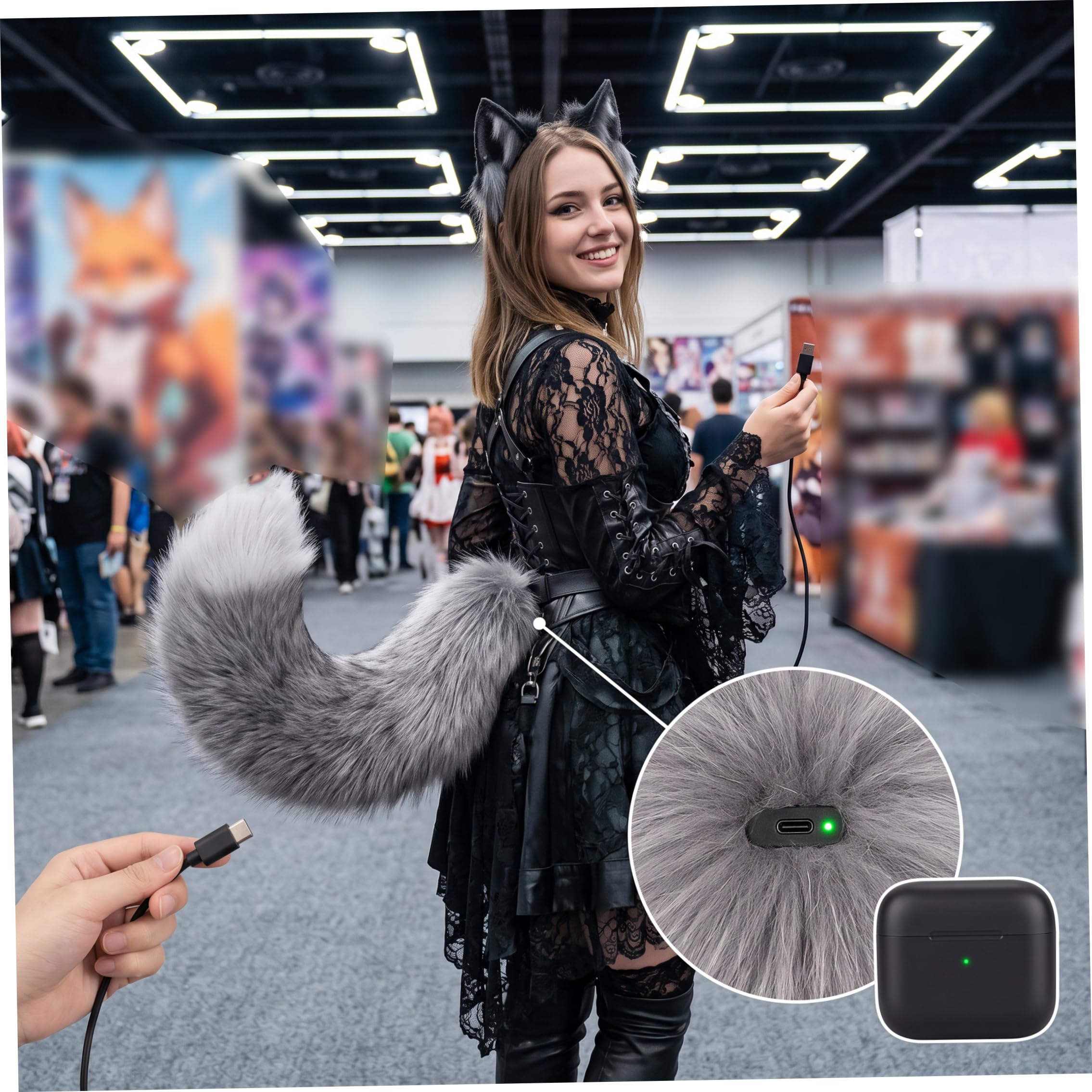 Coda mobile, accessorio cosplay coda di volpe elettrica ricaricabile, argento