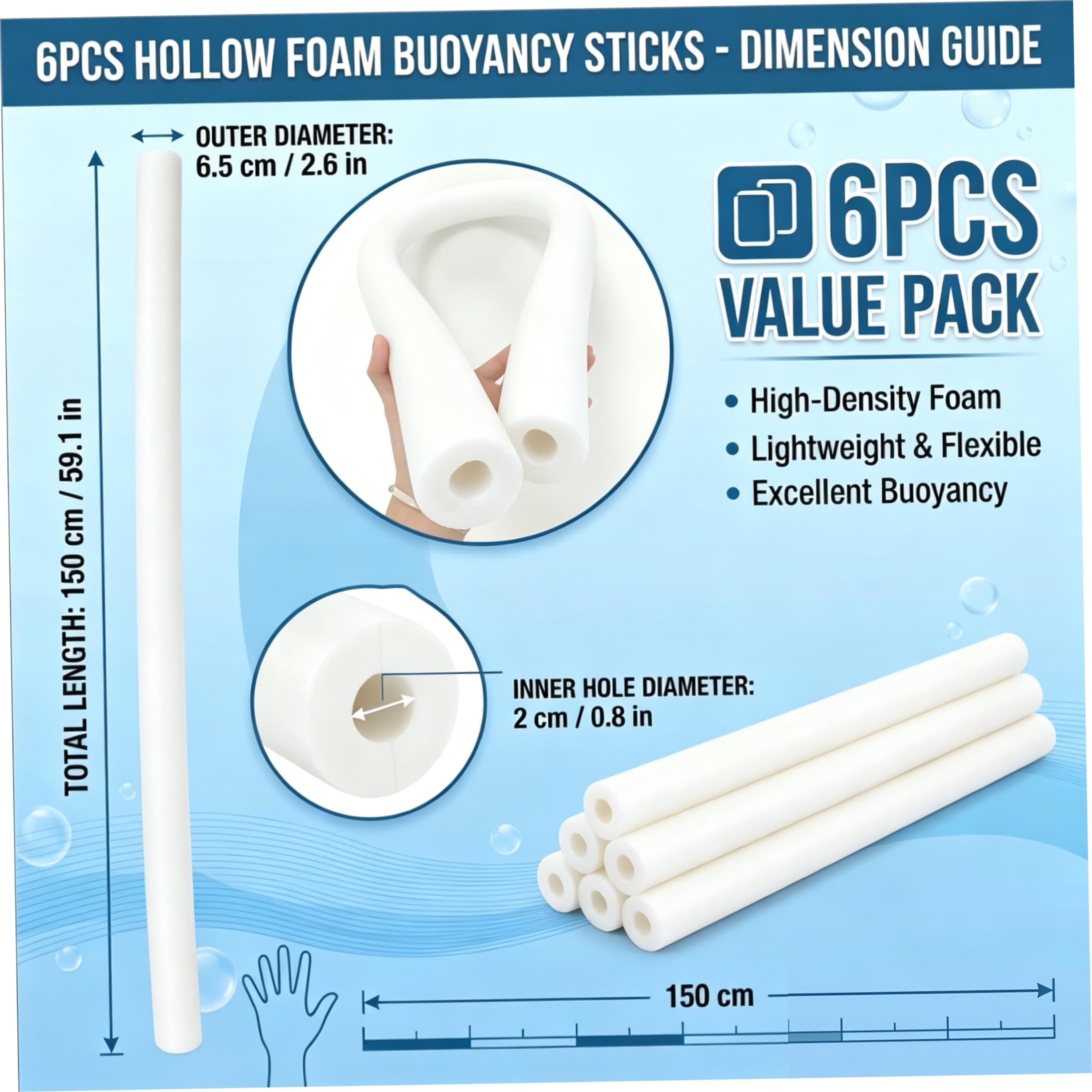 6PCS Fideos de natación 59in Flotabilidad Piscina Fideos Espuma Flotador Hueco PE Esponja Antideslizante Amortiguador Blanco