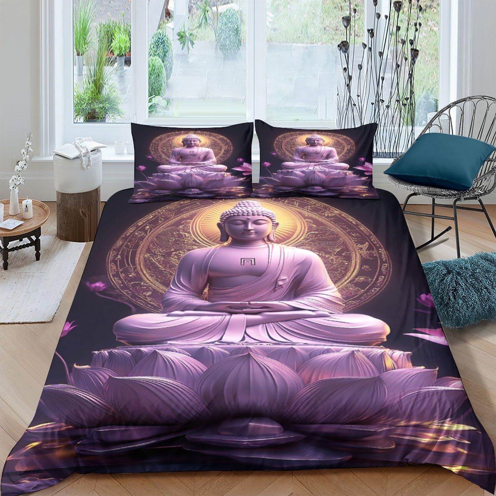 Ctjqhvkz Style-1 3D Printed Purple Buddha Fitted Sheet Microfiber Soft Slip-Resistant Lotus Mandala Mattress Cover Bedroom Decor Single（135X200cm）