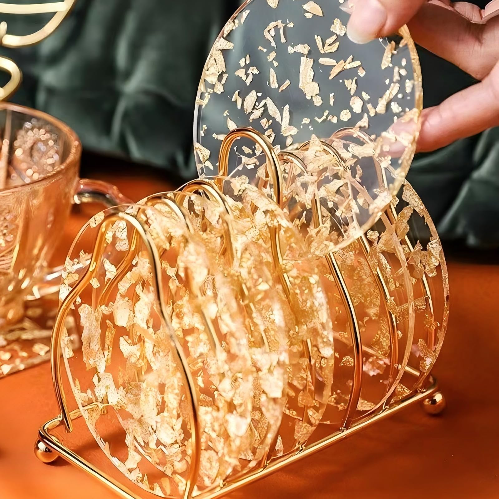 6Pcs Coasters for Drinks, Round 9.5 cm Transparent Gold Foil Mugs, Drink Pads Mats Non Slip Washable Coffee Beer Mug Wine Glass Home and Bar Birthday Gifts (golden)