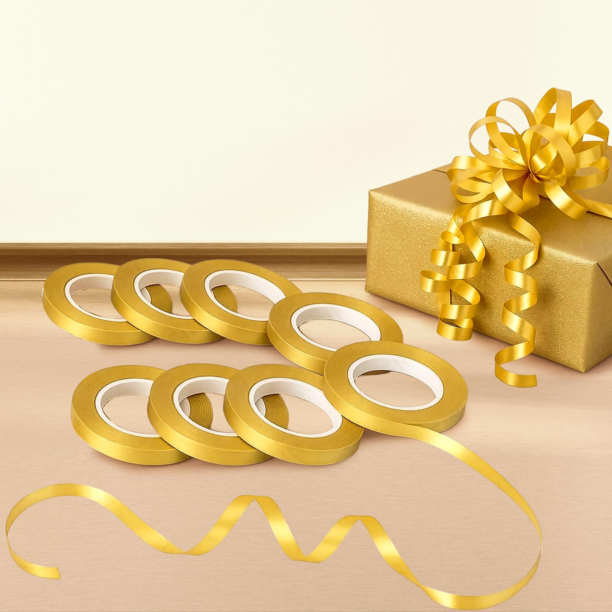 Party Propz Golden Curling Ribbon Decoration - 6 Pcs Golden Ribbons for Balloons | Goldens Balloon Ribbon Bows for Decorations | Birthday Curling Riboon for Balloon | Decorations Items (Satin)