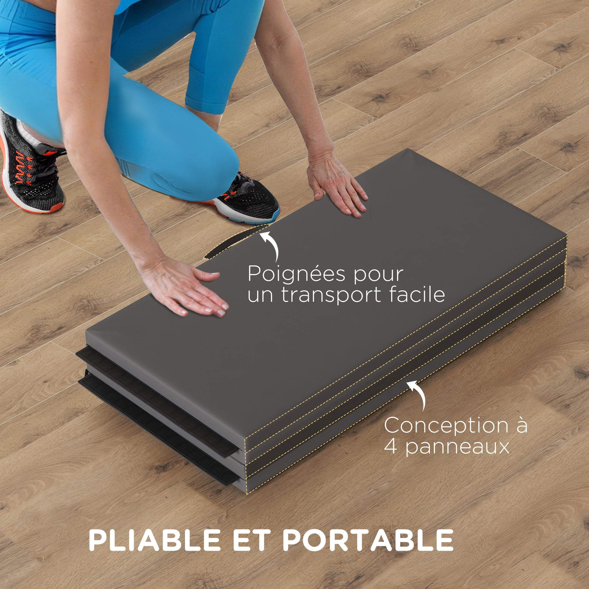HOMCOM Tapis de gymnastique pliable, tapis gymnastique épais, avec poignée, tapis de sol pour yoga, mma, sport, fitness, pilates, revêtement synthétique