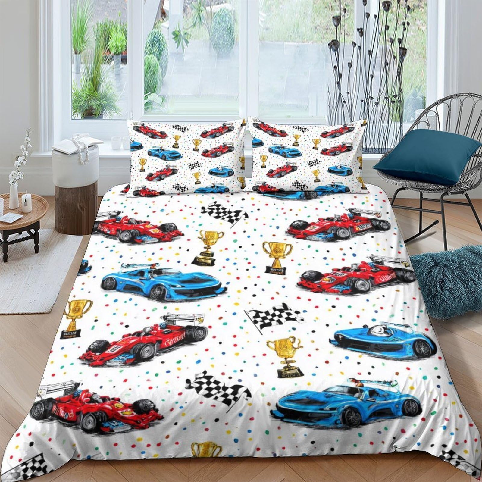 Ctjqhvkz Style-5 3D Printed Red Sports Car Fitted Sheet Microfiber Soft Blue Racing Trophy Mattress Cover Bedroom Teen Decor Single（135X200cm）