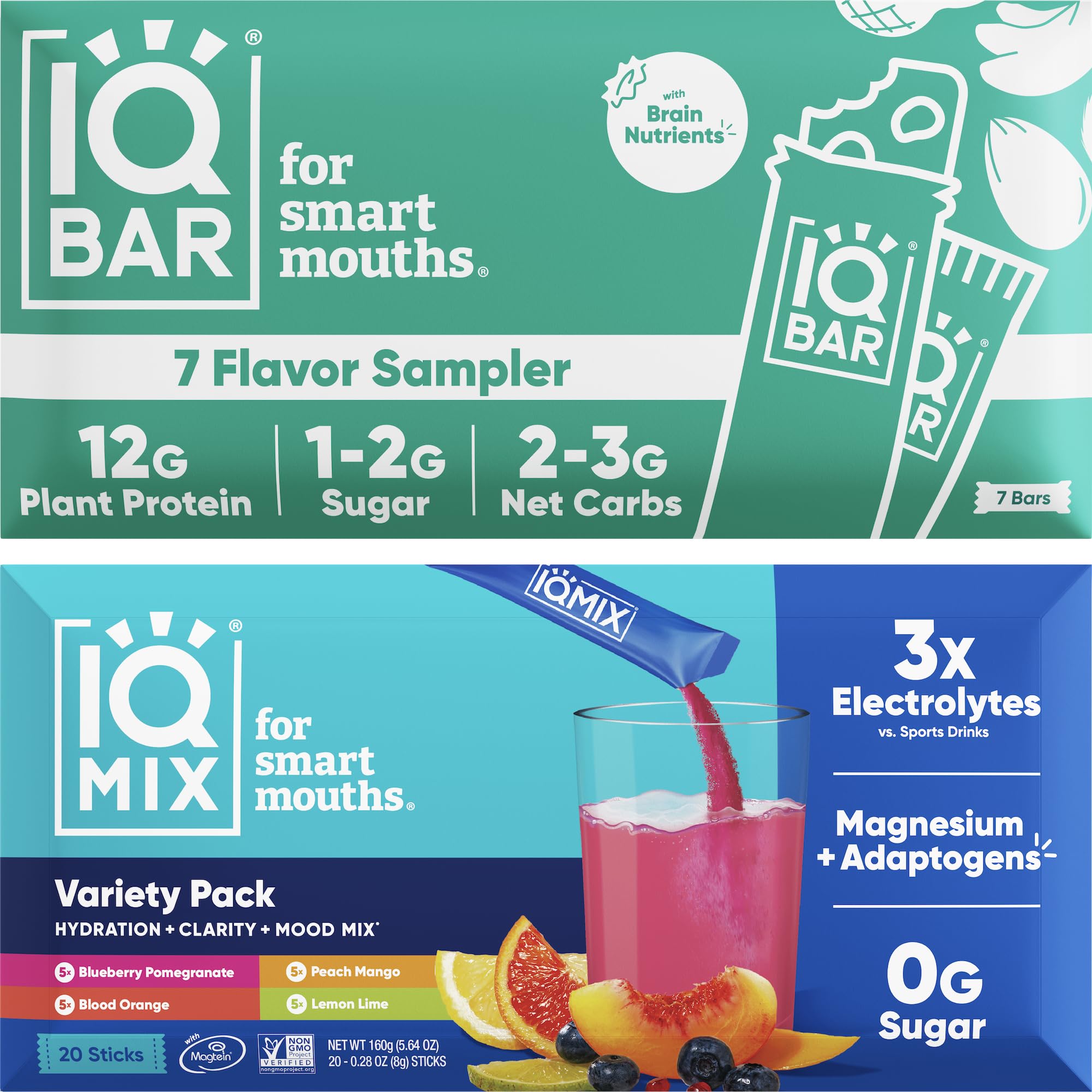 IQBARBrain and Body Keto Protein Bars - 7 Count Sampler Low Carb, High Fiber, Vegan Bars and IQMIX Sugar Free Electrolyte Powder Packets - 20 Count Variety Pack Keto Electrolytes with Lions Mane