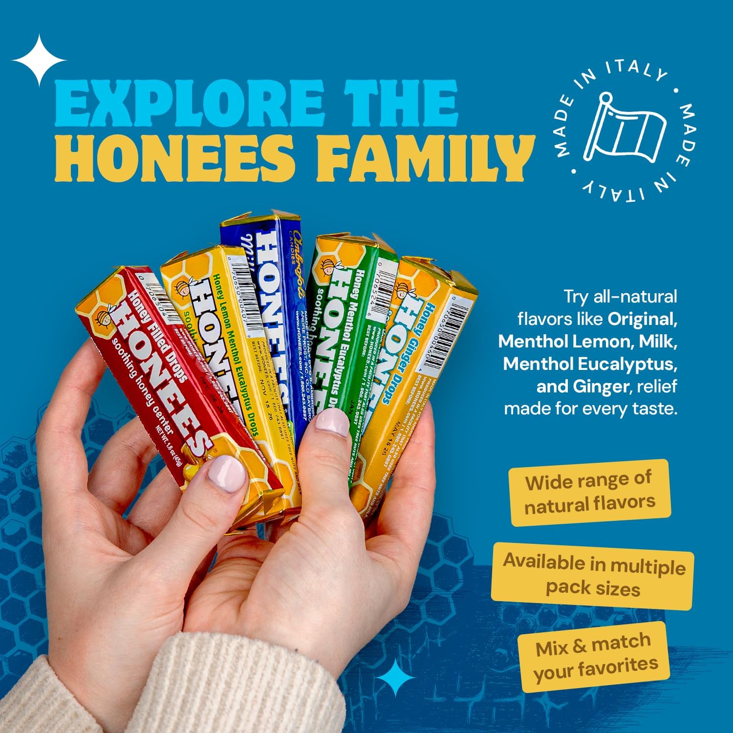 Honees Filled Honey Ginger Drops, Natural Cough Drops- Pure Ginger Sore Throat Relief - Nothing Artificial -Throat Coat Lozenges, Natural Cough Suppressant, Non-GMO (24 Pack – 216 Drops)