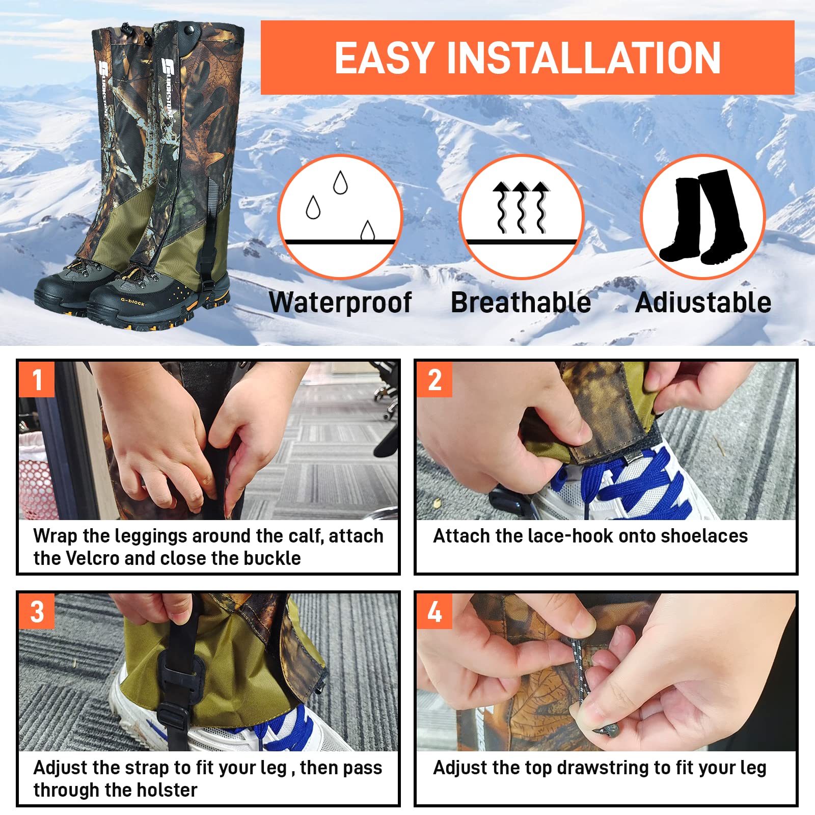 Ghette per Uomo, 900D Oxford Impermeabile Ghette da Neve con Cinturino per Piedi in TPU, Ghette per Gambe per Gamba ultraleggere coprigambe Ghette Serpente