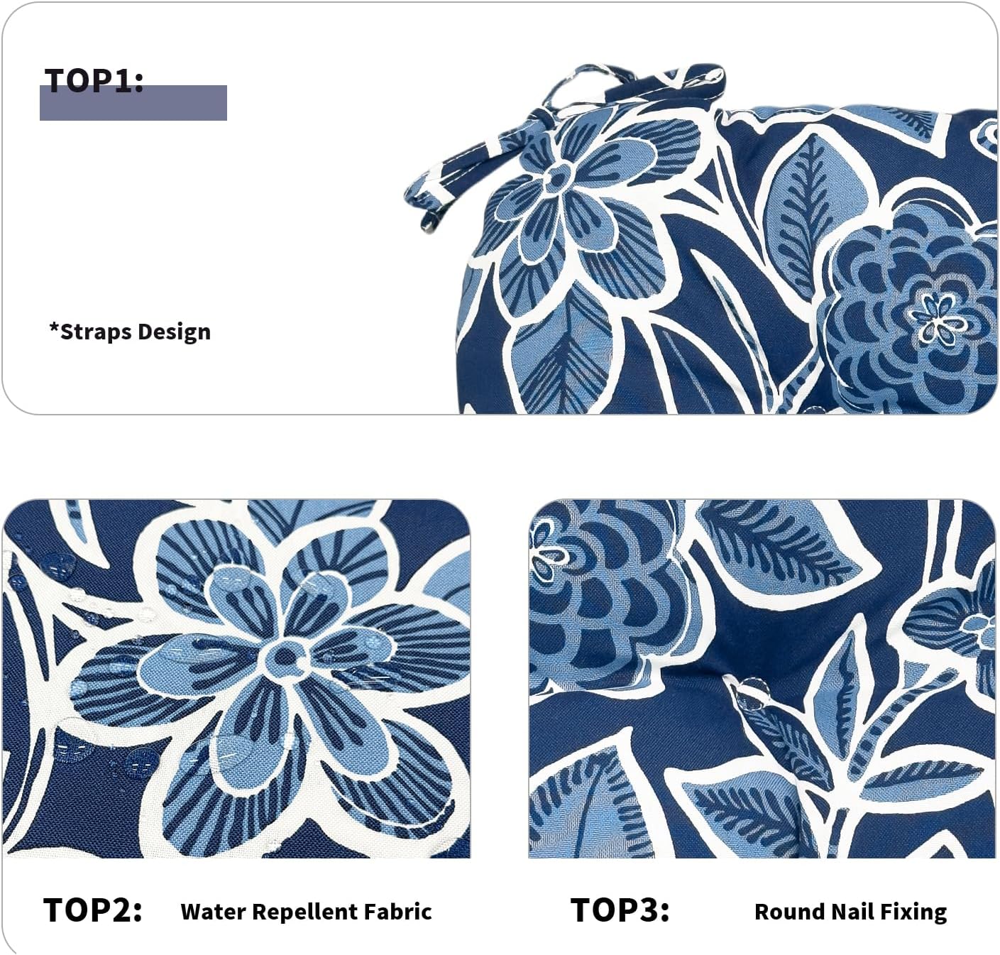 DYTXIII Set of 2 Outdoor Chair Cushions 19"x19"x4", Water Repellent Tufted Patio Seat Cushions with Ties, Thick Replacement Pads for Wicker Dining Chairs, Patio Furniture, Flower Navy