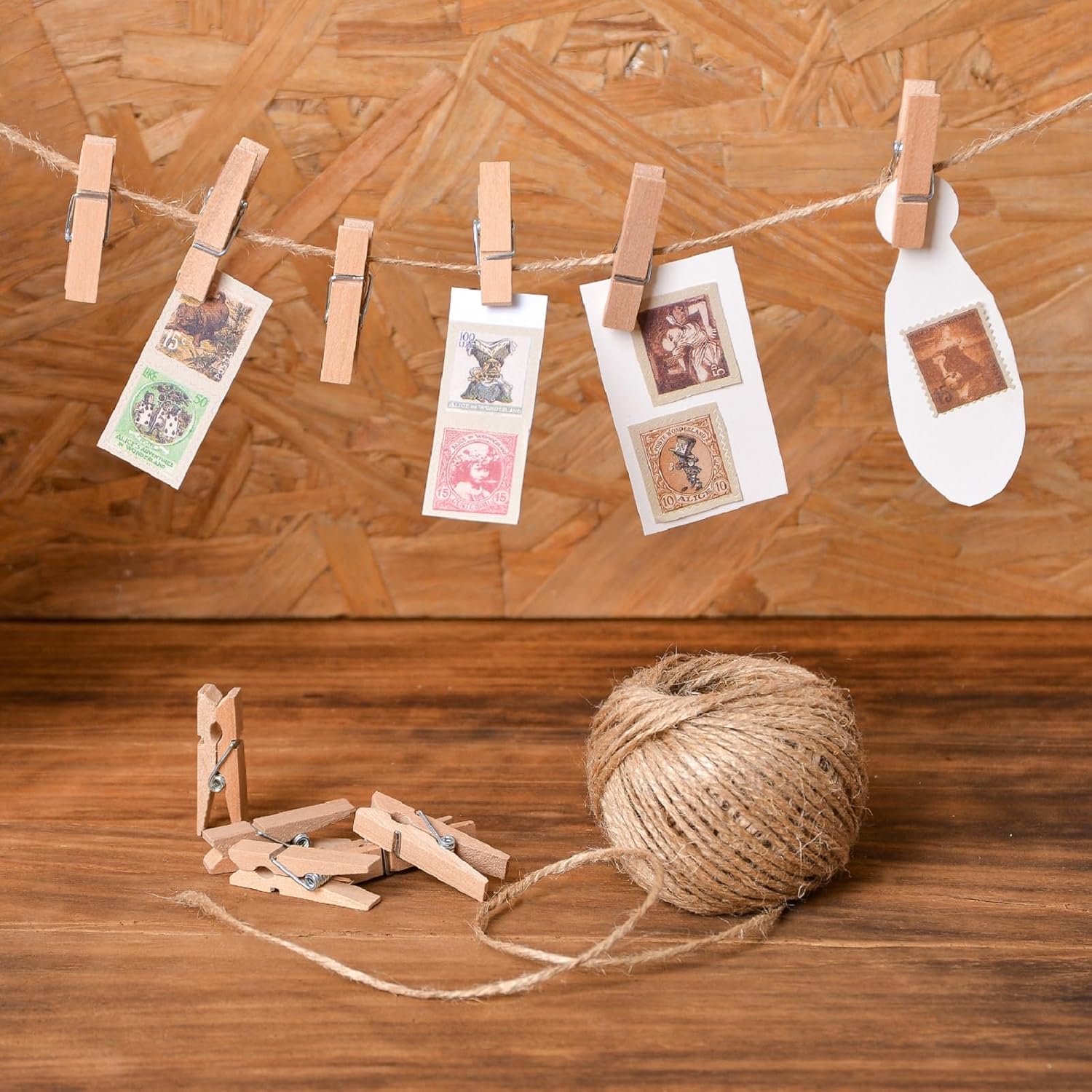 (Pack of 100) Mini Natural Wooden Clothespins About 1.38" Long with 82 Feet of Natural Jute Twine,Craft Photo Clips for Home School Arts Crafts Decor image 5