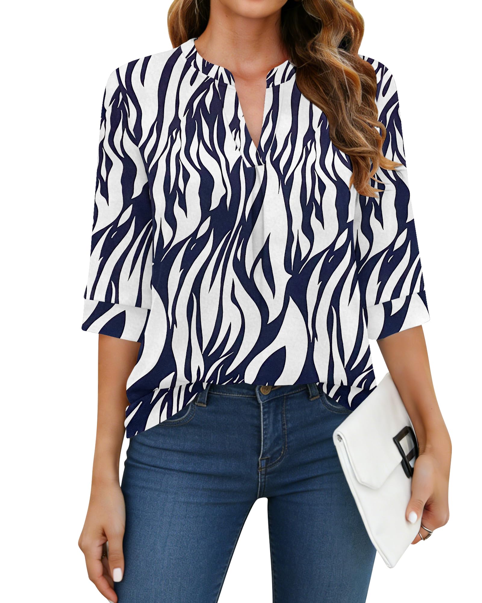 WNEEDU Shirt Damen 3/4 Arm - Lockere V-Ausschnitt Bluse Damen T-Shirt Elegant Basic Oberteile Casual Top Business Outfit Hemdbluse