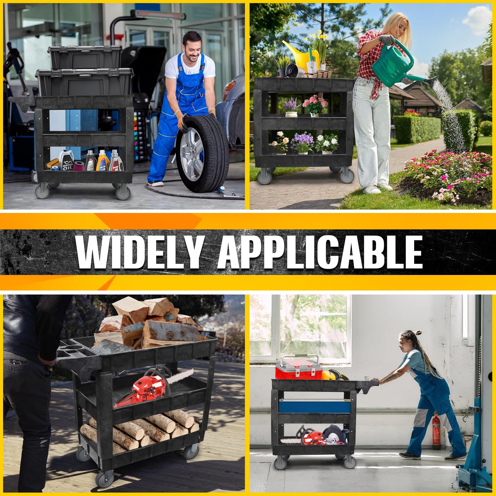 Carrello da officina a 3 ripiani (103×44×85 cm), capacità 250 kg – ripiani regolabili, ruote piroettanti e maniglia con scomparti – mazzuolo in gomma incluso