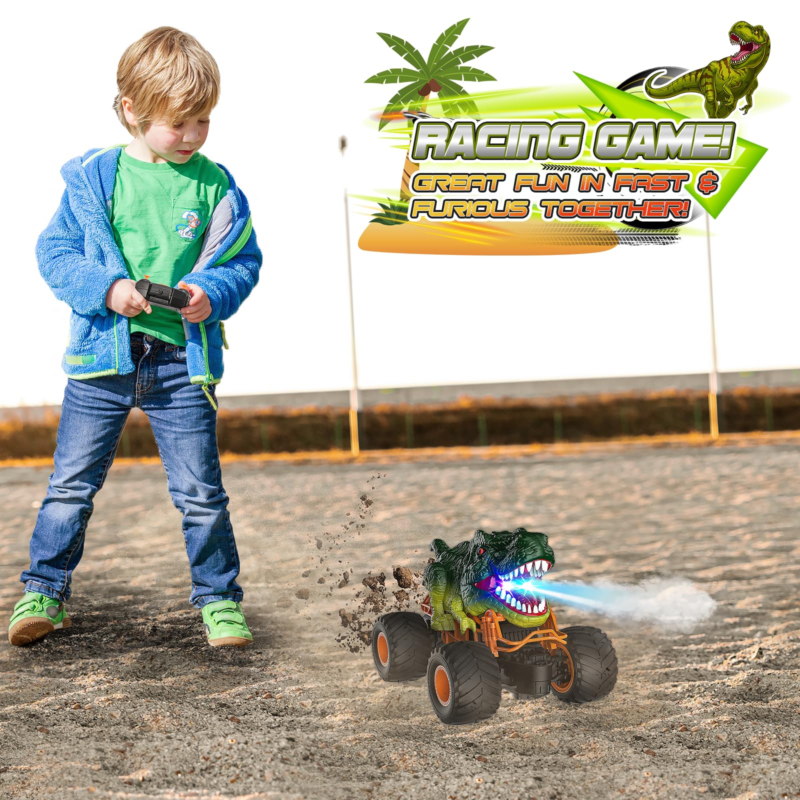 HappyGoLucky Macchina Telecomandata, Dinosauri per Bambini Giochi 3-10 Anni Regalo Bambino Giocattoli 4-12 Anni Giochi Bambin Monster Truck Macchinine