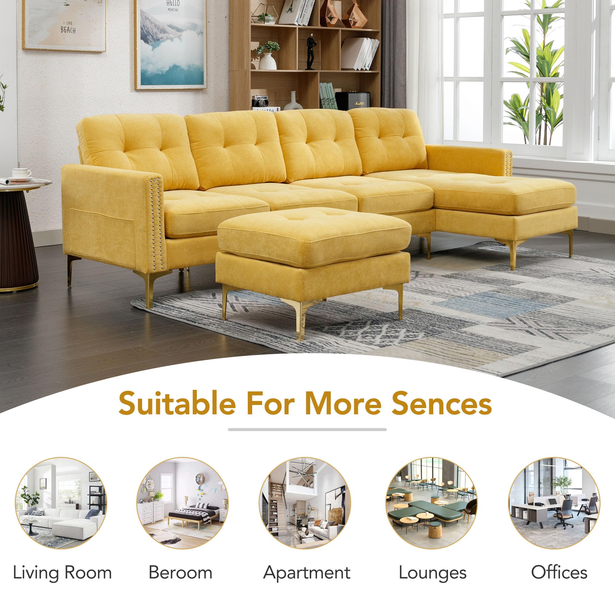 Best Yellow Couch Picks for 2026: Ranked & Vetted 4 P PURLOVE Velvet Modern Large Sectional Sofa, U Shape Upholstered Couch with Chaise, Convertible Sofa Couch with Movable — product photo