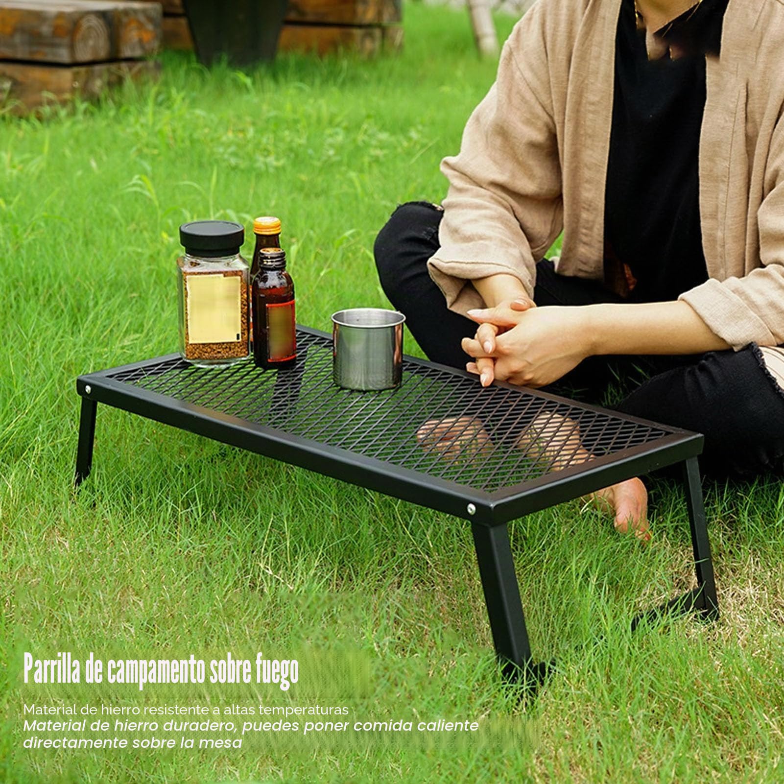 Barbacoa Plegable para Hoguera, Parrilla de Cocina Portátil y Resistente de Hierro para Hoguera, Placa de Cocina Portátil con Gran Superficie Antiadherente para Barbacoa al Aire Libre