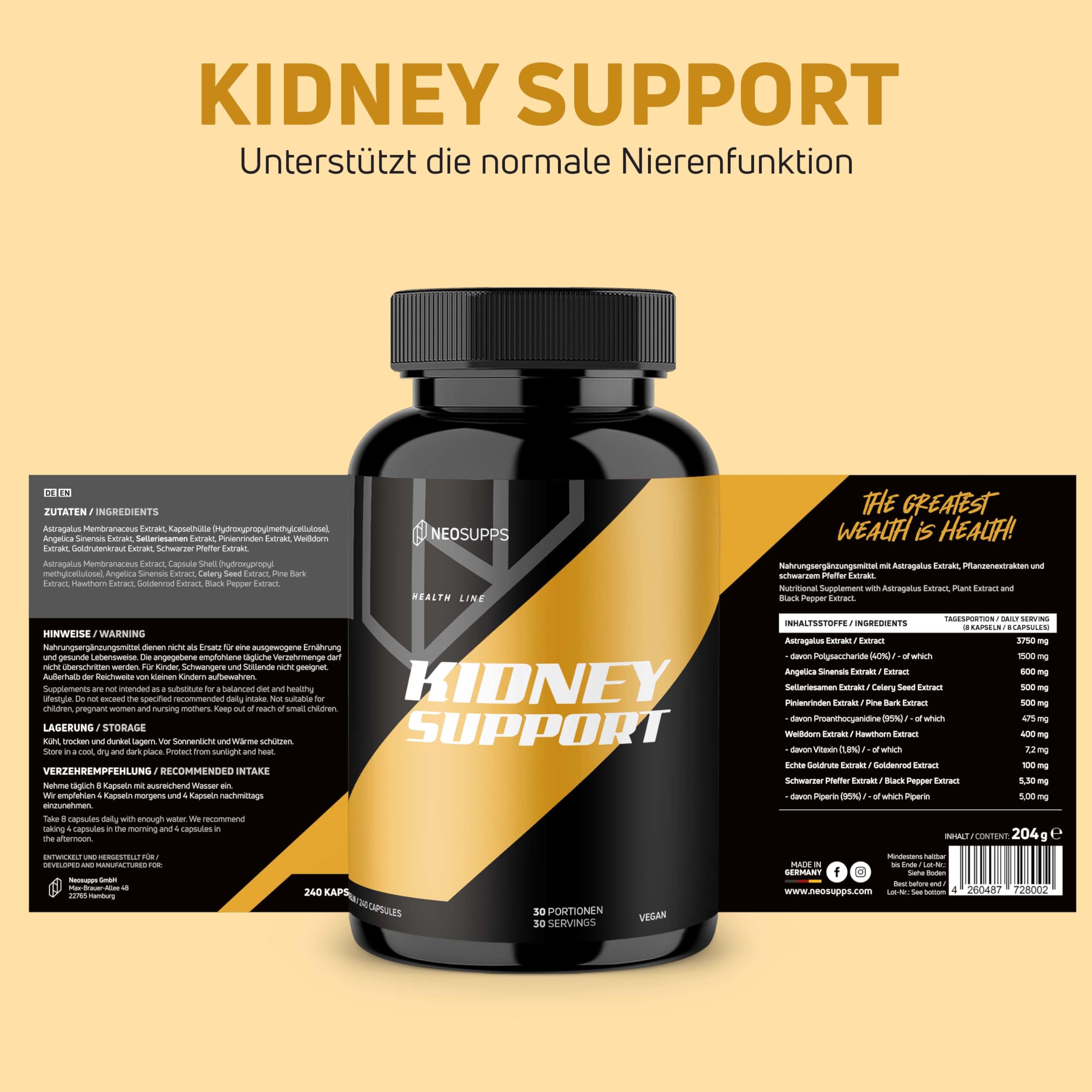 Neosupps Kidney Support, 240 Kapseln Vegan, Natürliche Nierenunterstützung Astragalus, Sinensis & Selleriesamenextrakt, Entgiftung, Harnwegsgesundheit & Zellschutz (240 Kapseln, Geschmacksneutral)