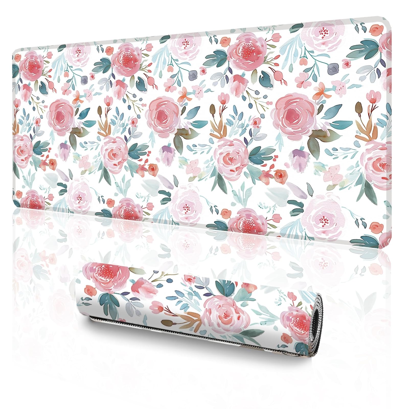 Pink Floral Mouse Pad (31.5 x 11.8 Inch), Large Watercolor Rose Desk Mat, Cute Botanical Pattern with Teal Leaves, Non-Slip Laptop Base, Spring Office Decor
