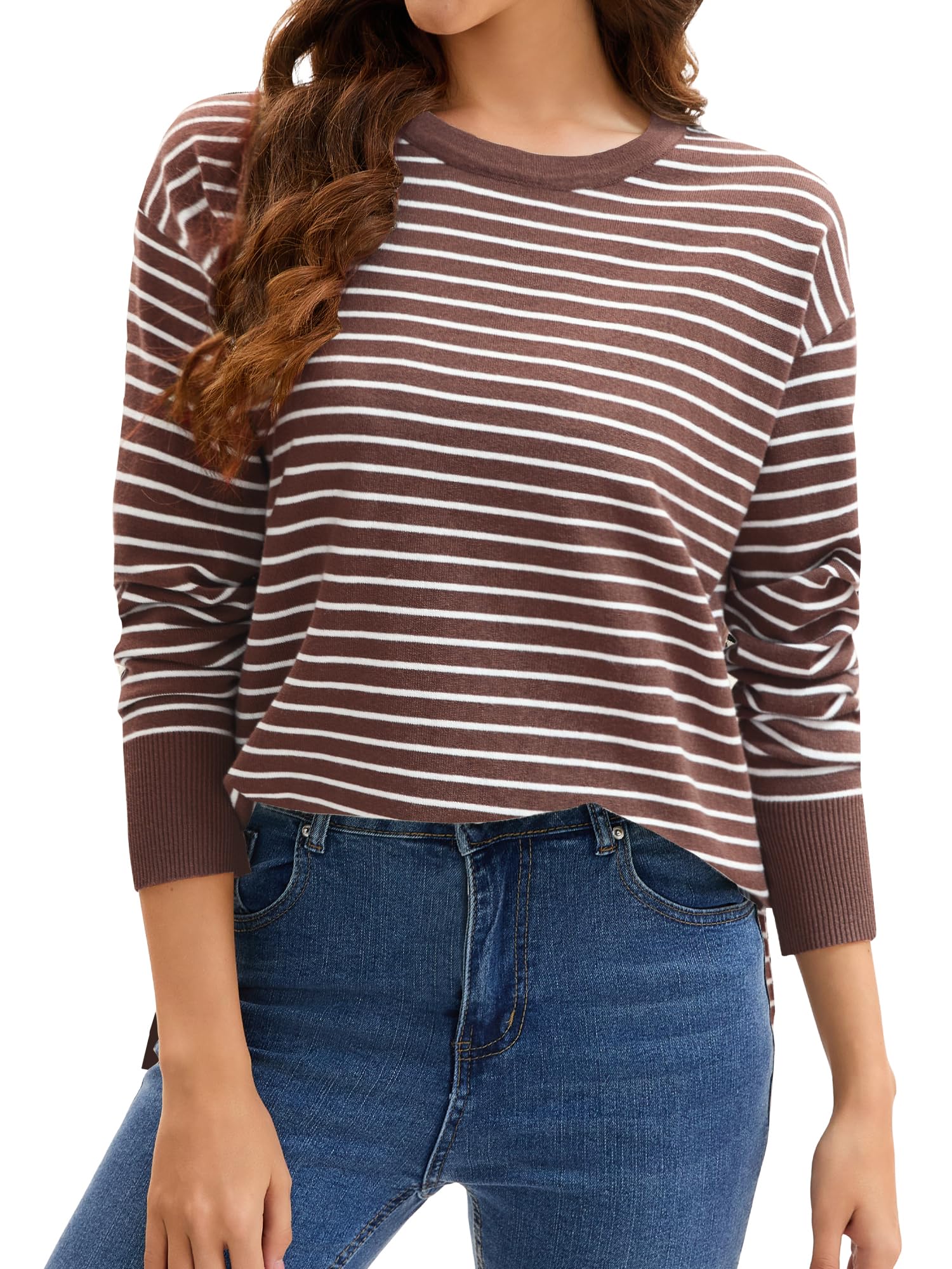 Womens Striped Sweater Side Slits Long Sleeve Crew Neck Loose Pullover Knit Tops Fall Casual Outfits