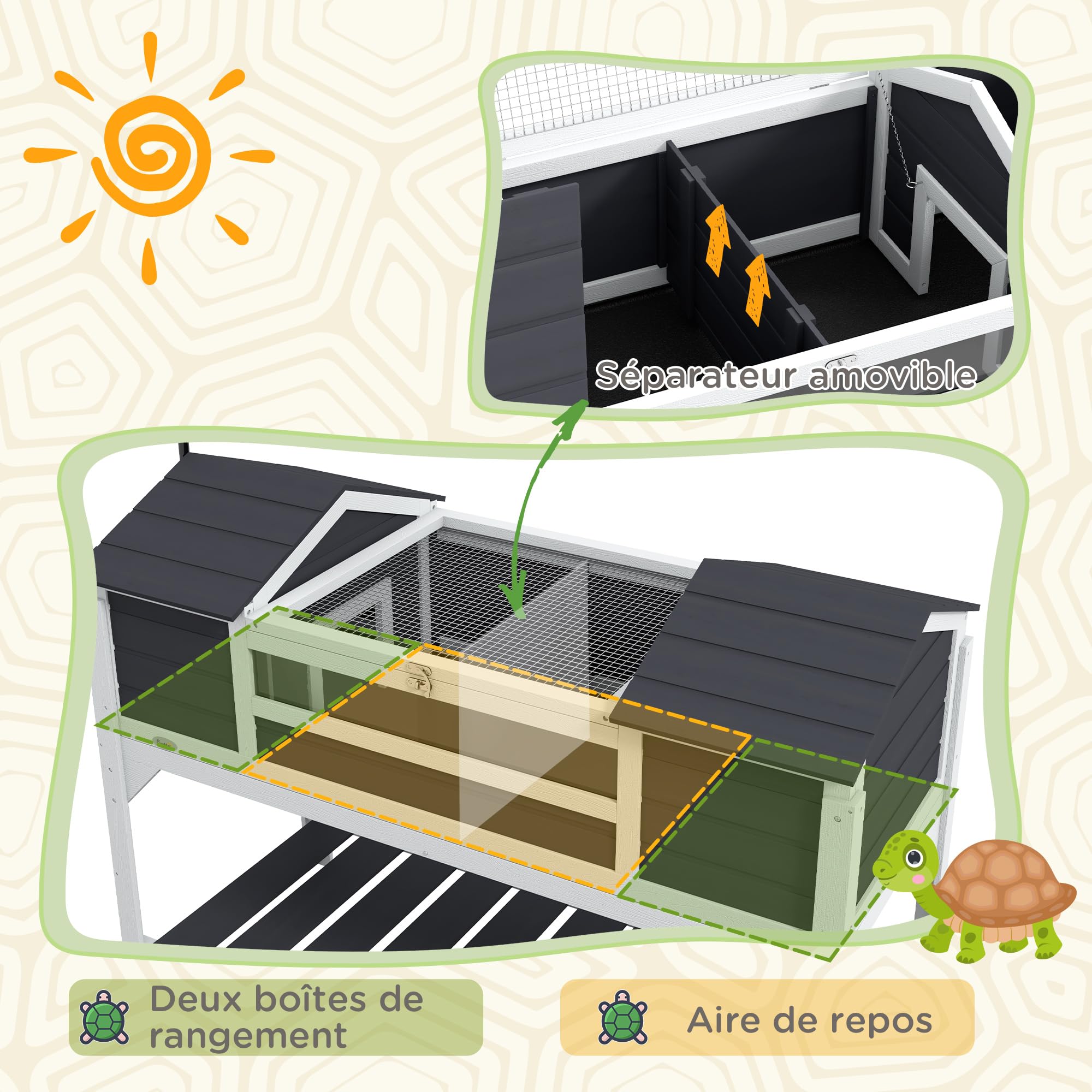 PawHut Tortuguera de Exterior, tortuguera de Madera, 2 nichos, portalámparas Ajustable, Techo practicable, Jaula para Tortugas terrestres, Ventana acrílica Transparente, Gris