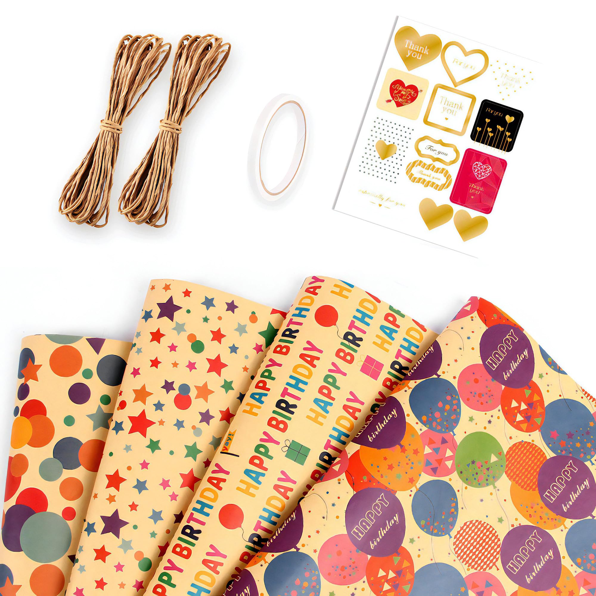 Birthday Gift Wrapping Paper Set - 4 Kraft Sheets (50x70cm) with Tape, Stickers & Twine - Baby, Kids, Bridal, Holiday, Party, Graduation, DIY - Balloons, Happy Birthday, Stars - 10m Rolls Per Pack