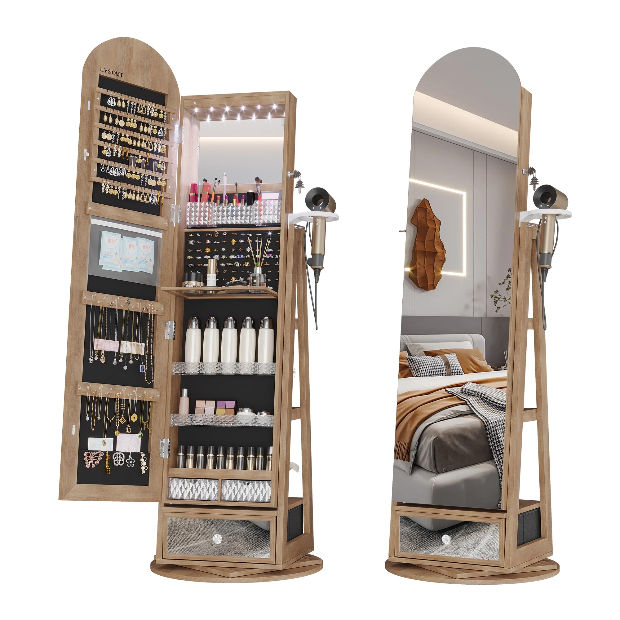 LVSOMT LVSOMT LED Espejo Joyero de pie Arqueado, Giratorio 360° Armario Joyero con Espejo de pie, Arco Espejo armario joyero con Cerradura, Espejo de cuerpo entero con Armario para joyas Luz, Madera Marrón